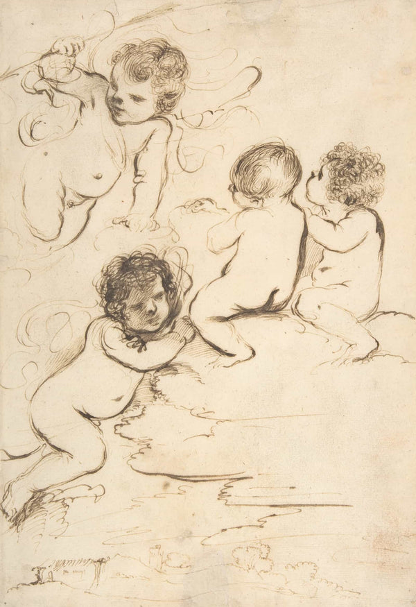 Four Putti With Bow And Arrows On Clouds Above A Landscape With A Tower   by Guercino