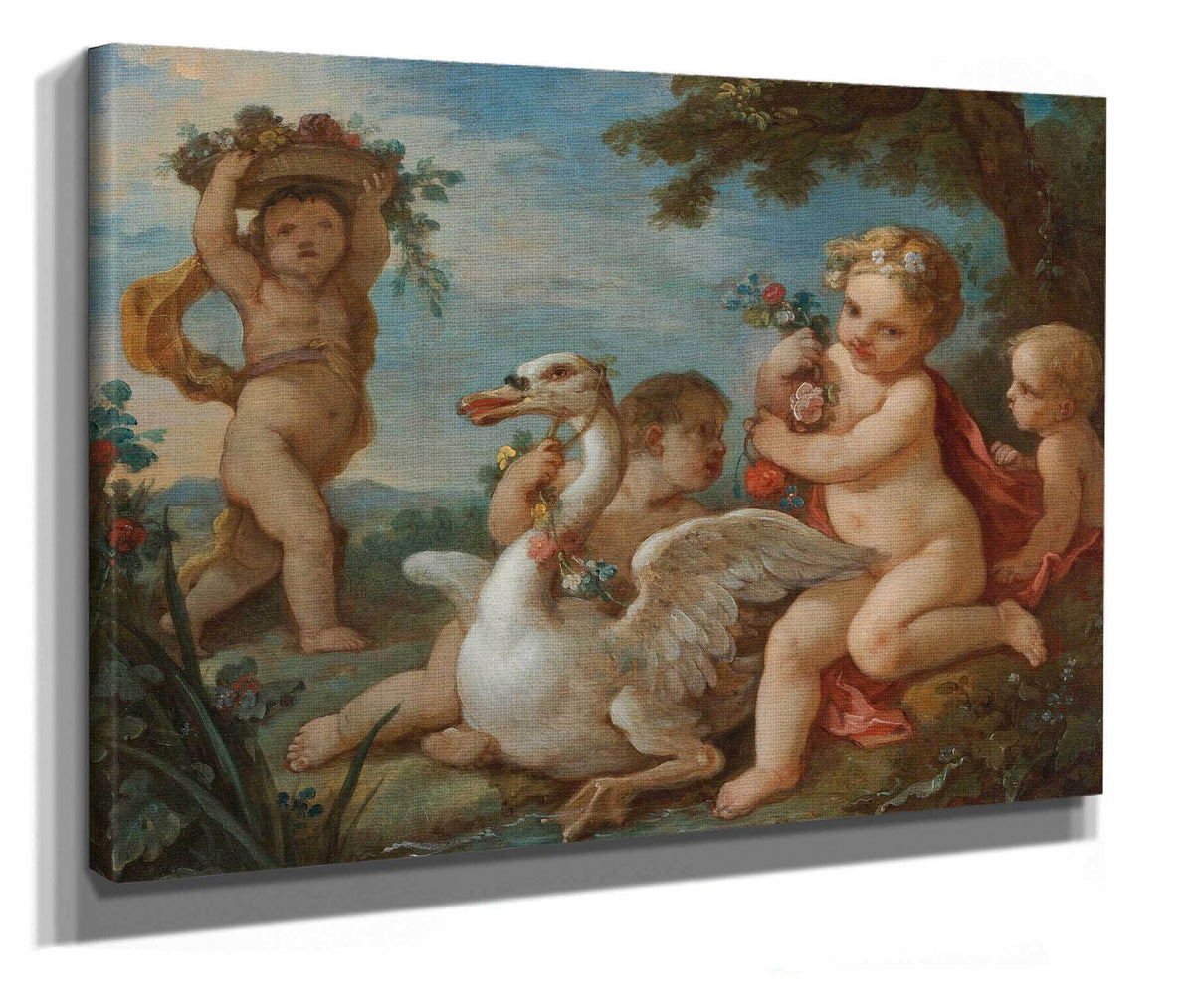 Putti Adorning A Swan With A Garland Of Flowers by Charles Joseph Natoire