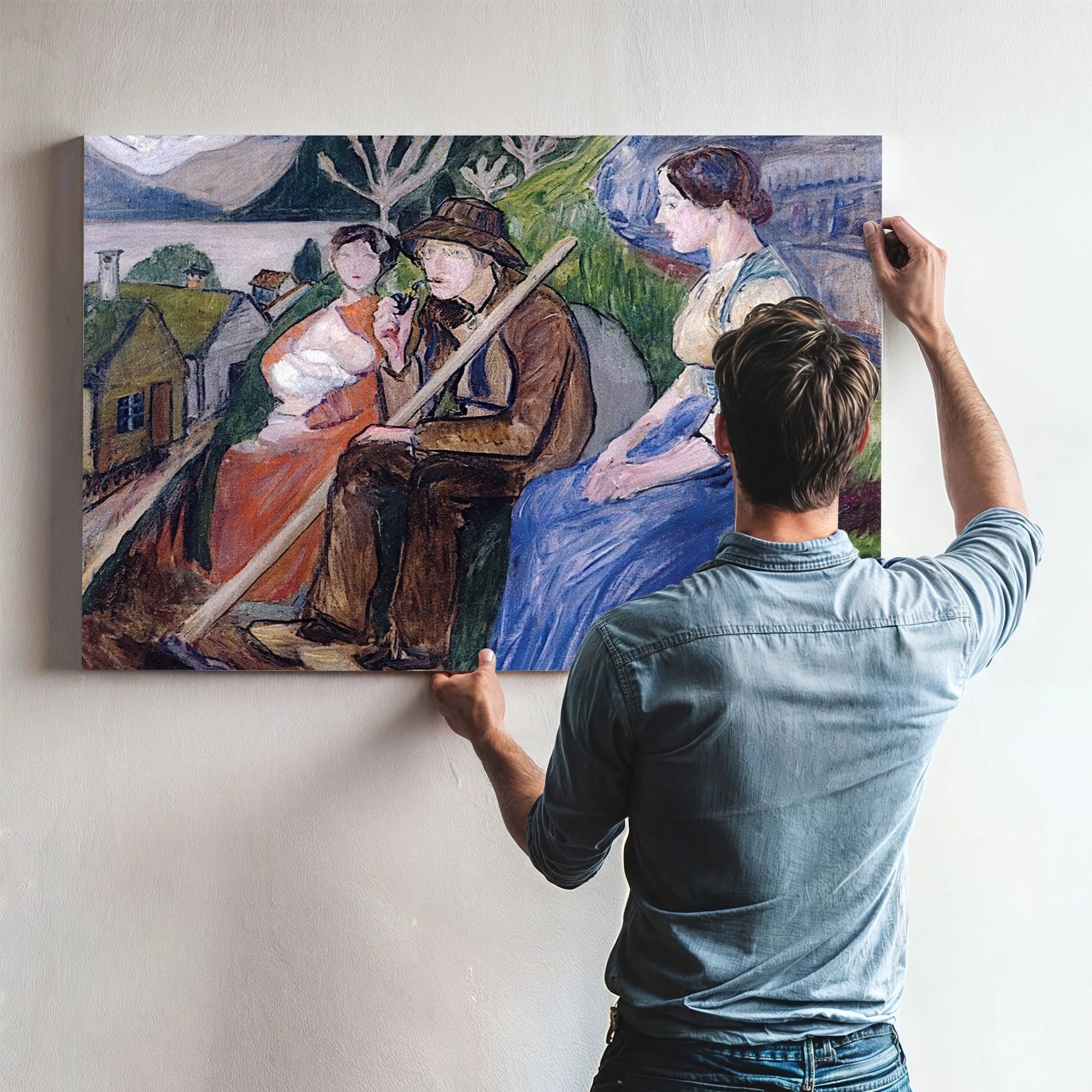 Self Portrait At Sandalstrand With Engel And Her Sister By Nicolai Astrup Fine Art Print