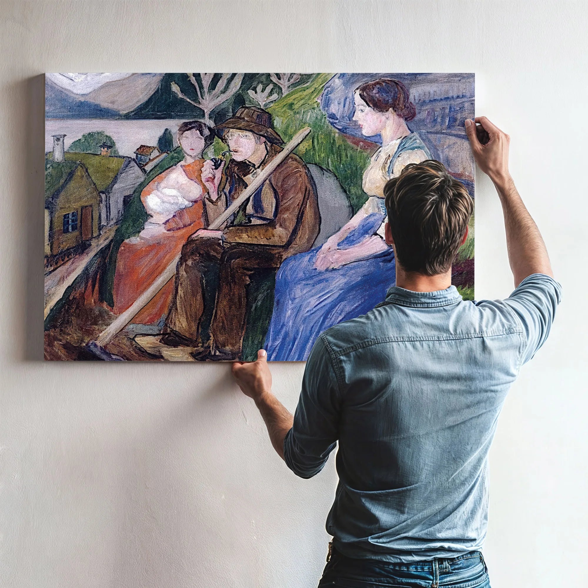 Self Portrait At Sandalstrand With Engel And Her Sister By Nicolai Astrup Fine Art Print
