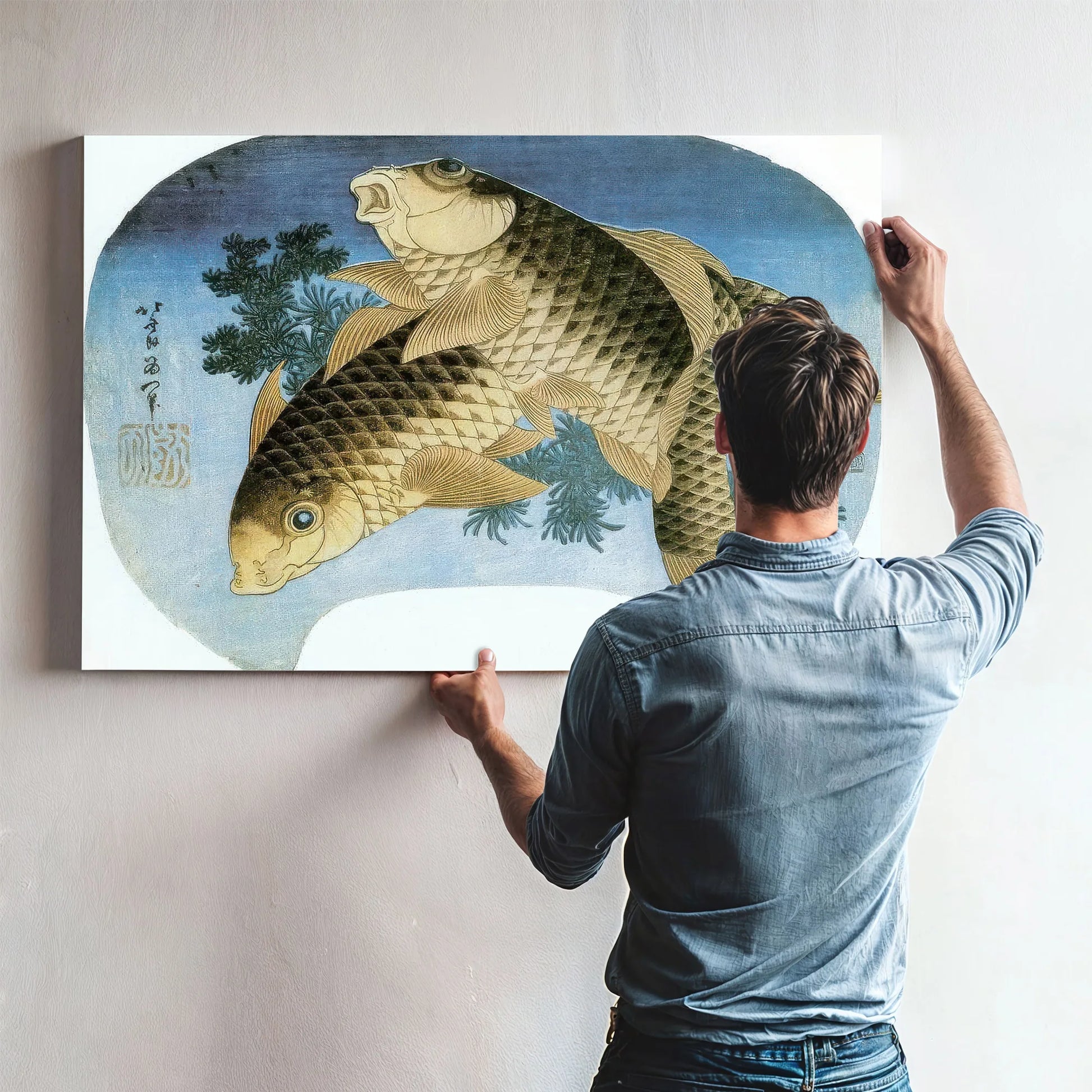 Two Carp Among Waterweeds By Hokusai Fine Art Print