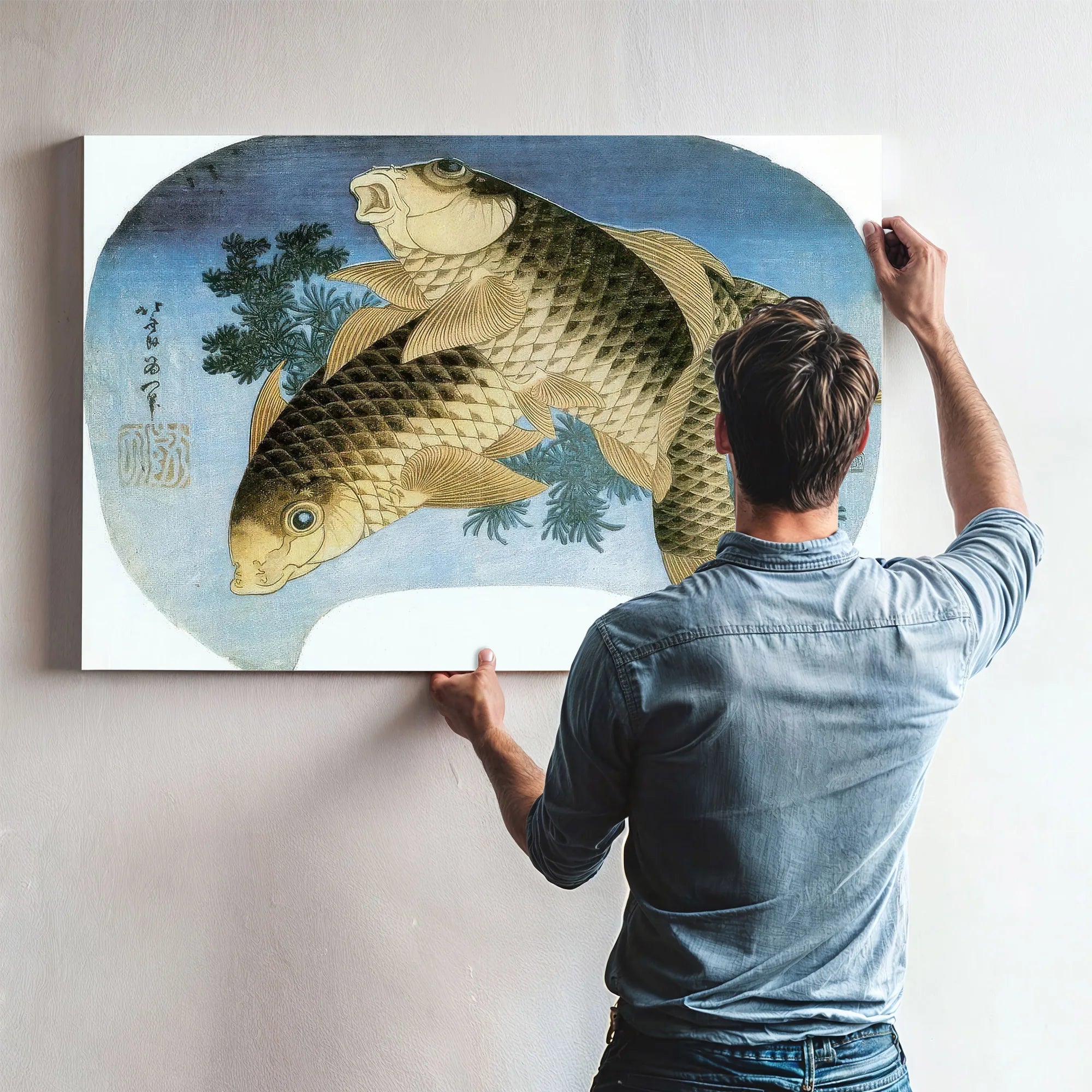 Two Carp Among Waterweeds By Hokusai Fine Art Print