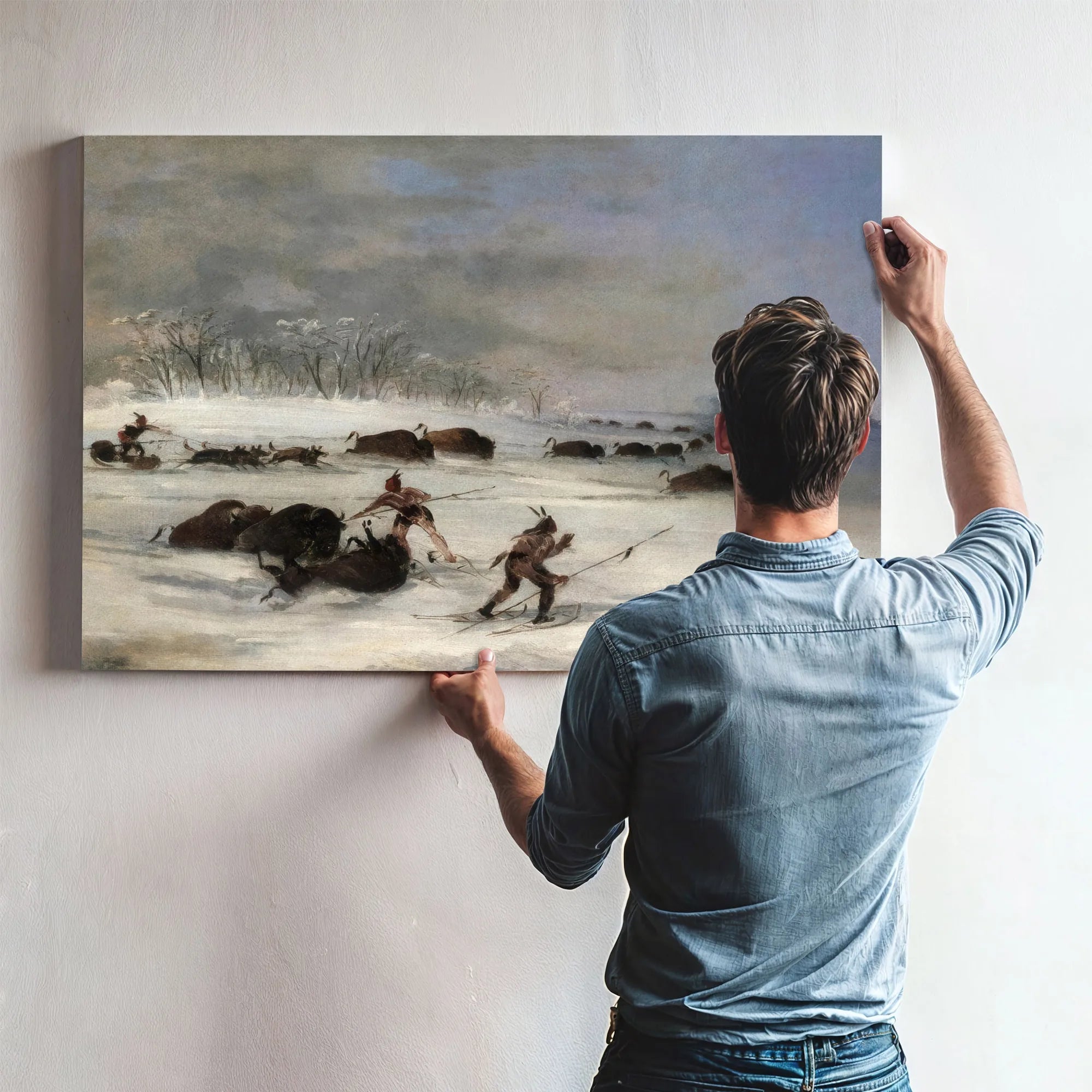 Sioux Indians On Snowshoes Lancing Buffalo By George Catlin Fine Art Print