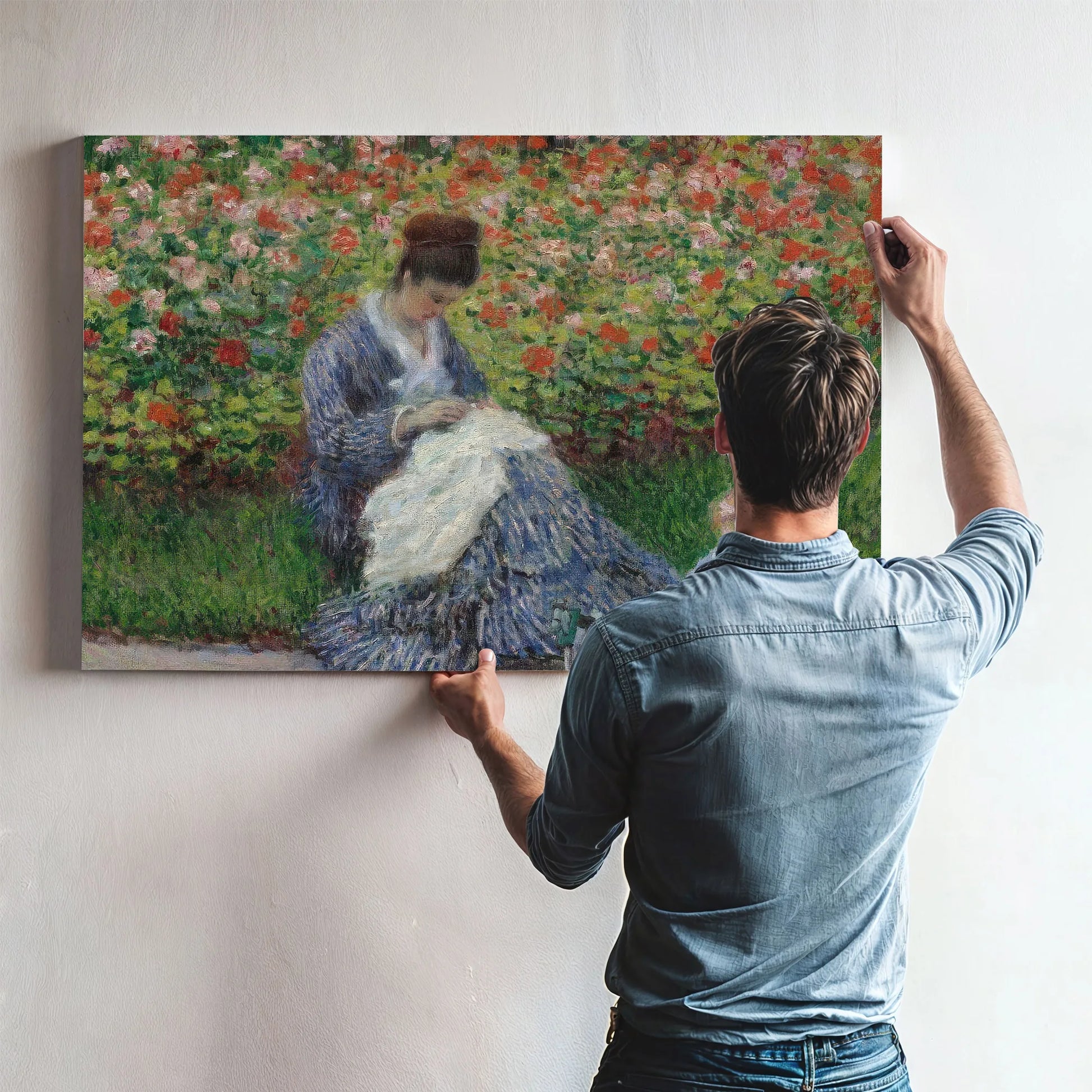 Camille Monet And A Child In The Artist's Garden In Argenteuil By Claude Monet Fine Art Print