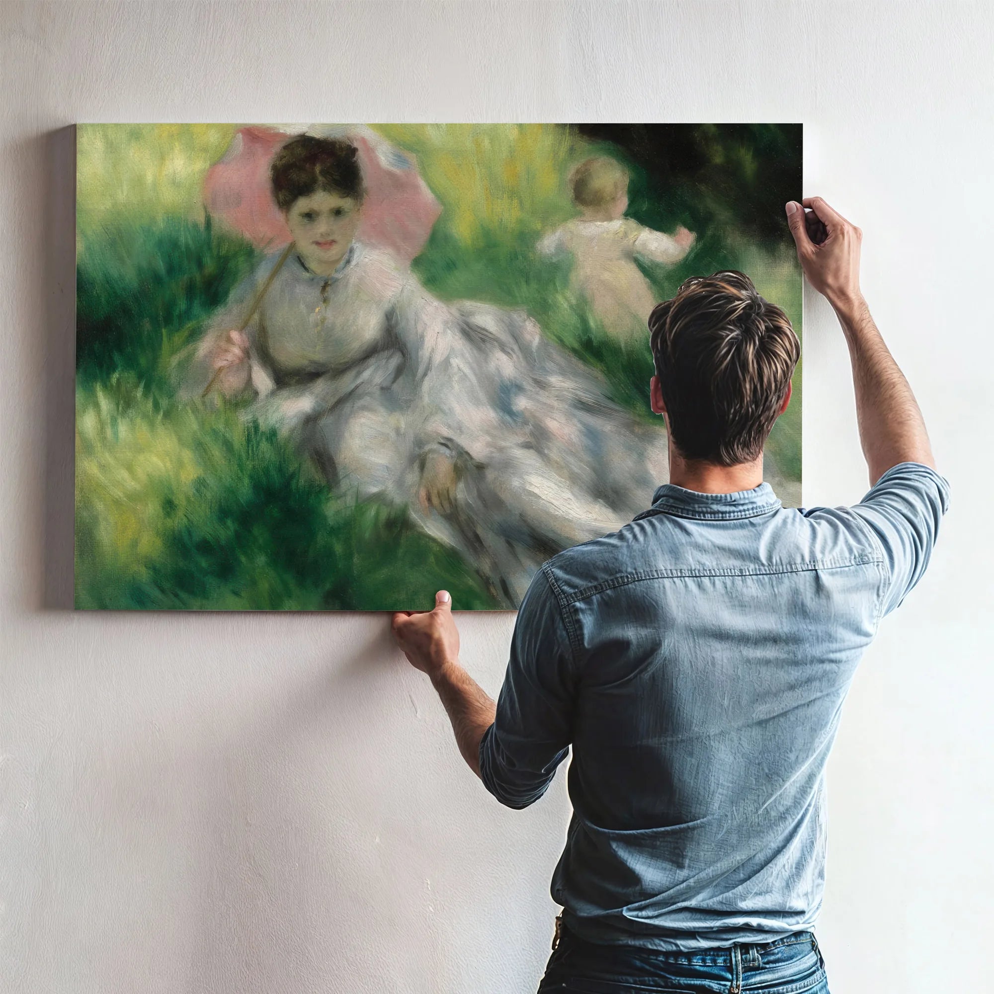 Woman With A Parasol And Small Child On A Sunlit Hillside By Pierre August Renoir Fine Art Print