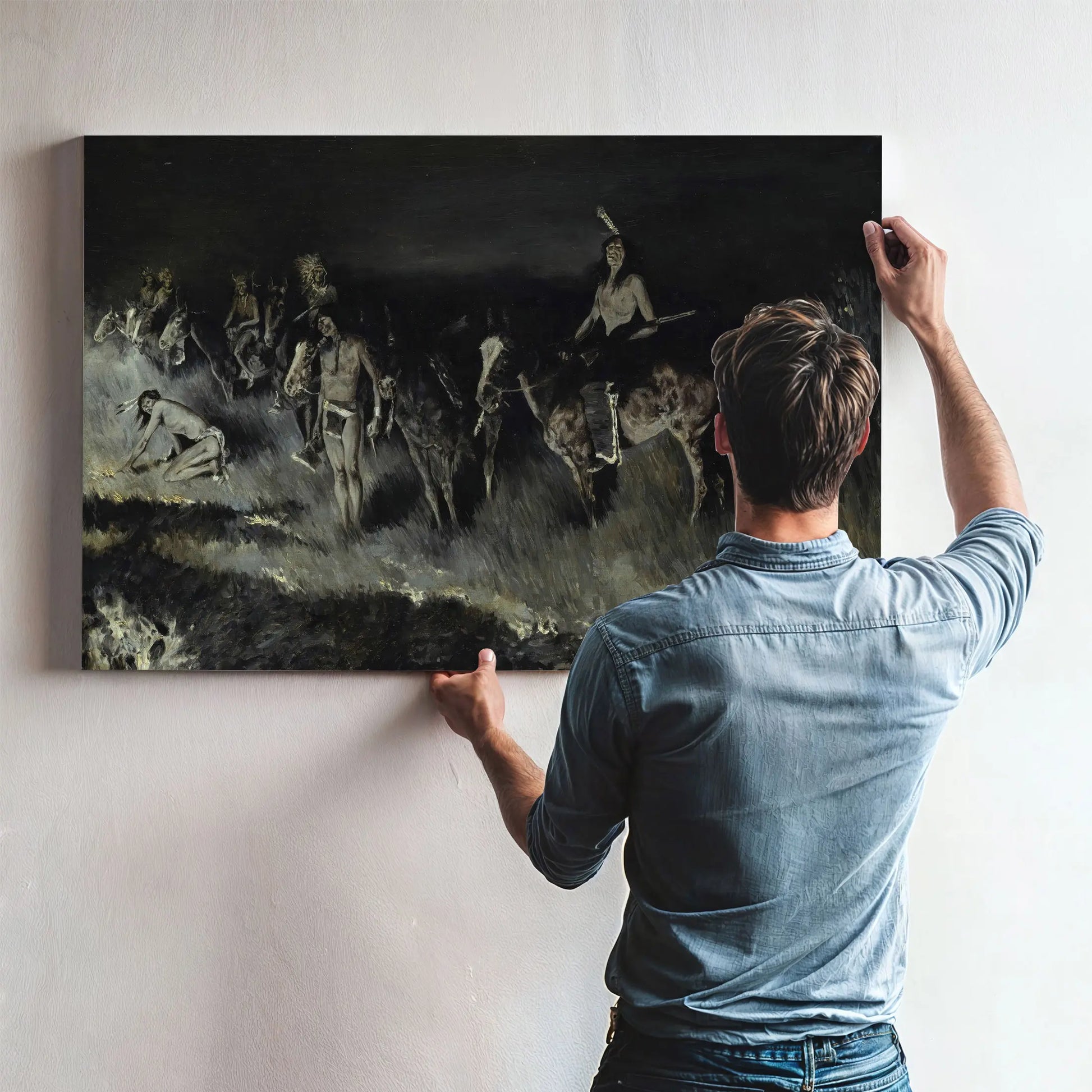 The Grass Fire Backfiring  by Frederic Remington