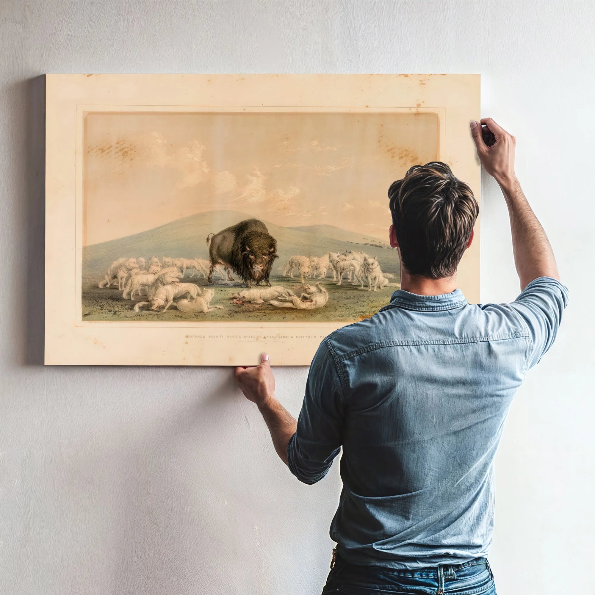 Buffalo Hunt, White Wolves Attacking A Buffalo Bull No. 10 By George Catlin Fine Art Print
