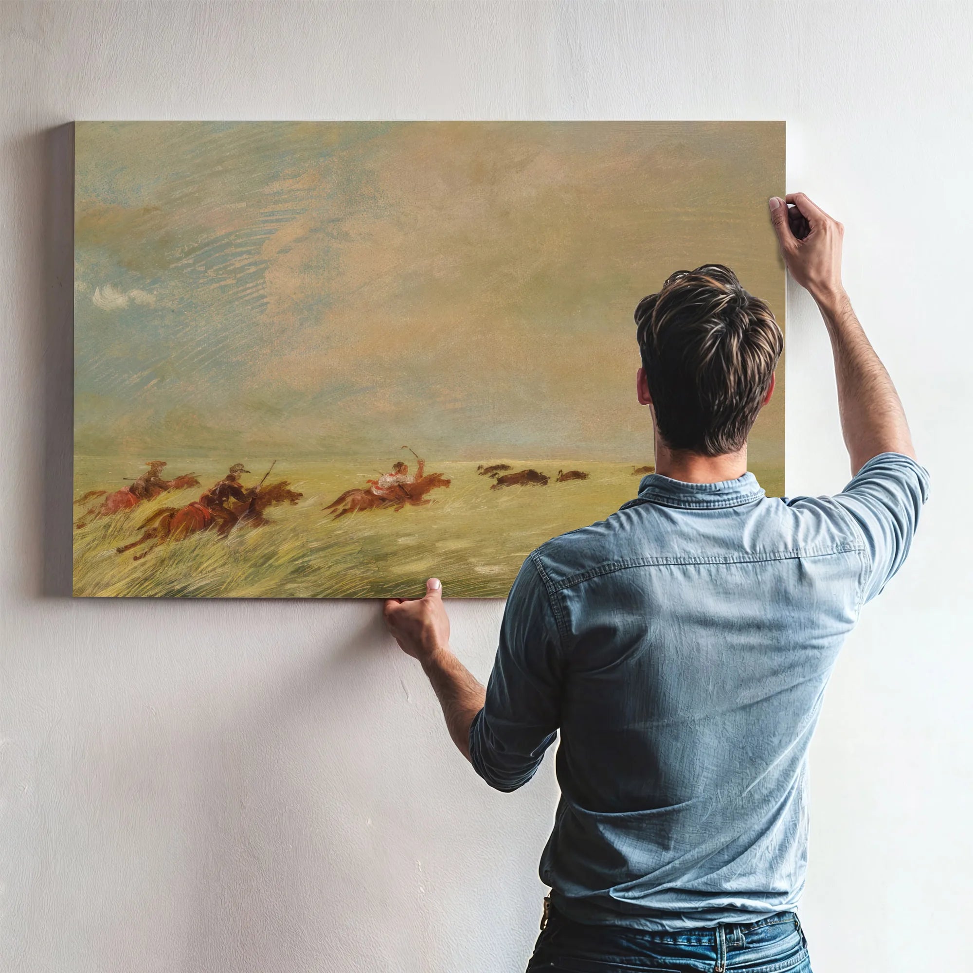 Bogard, Batiste, And I Chasing Buffalo In High Grass On A Missouri Bottom By George Catlin Fine Art Print
