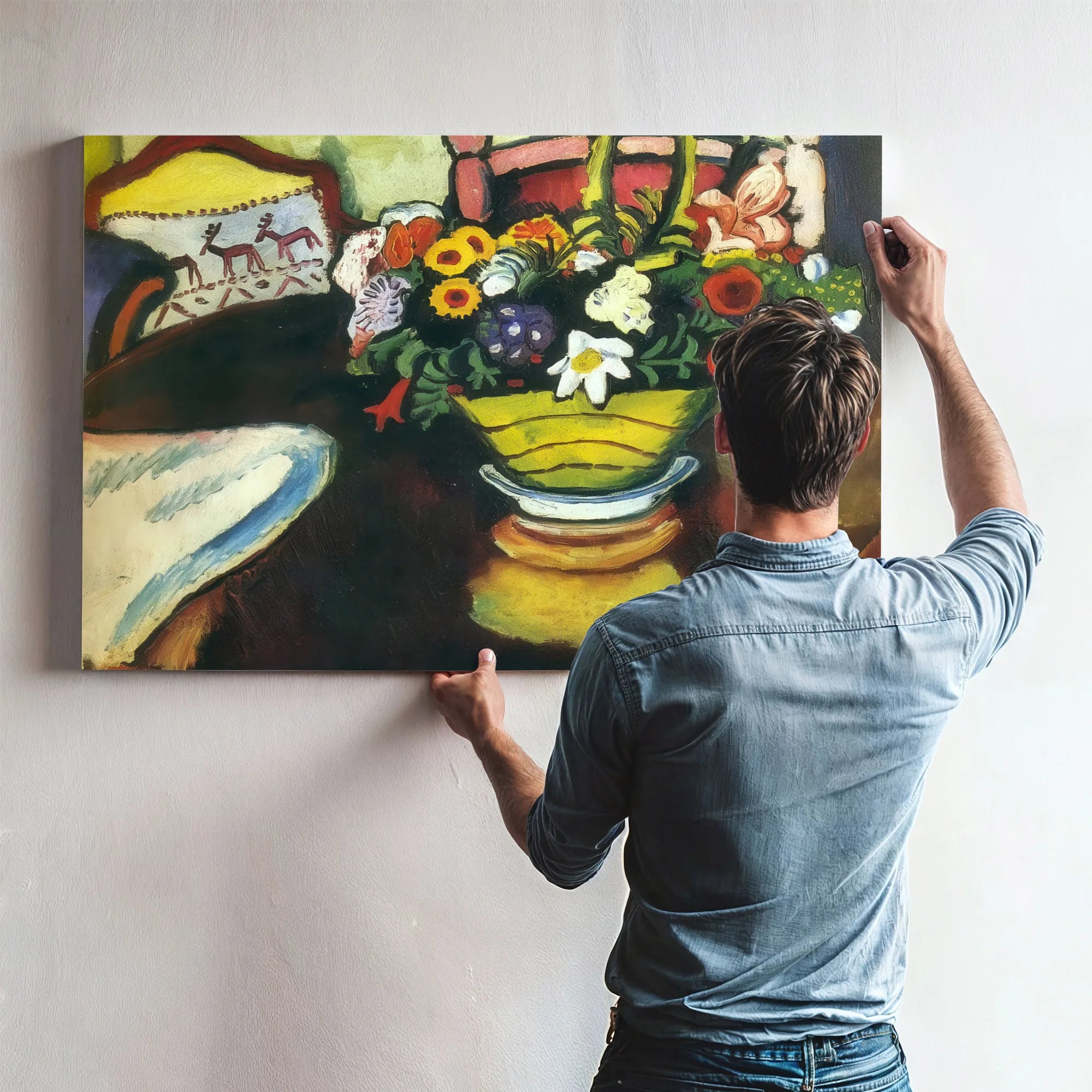 Still Life With Stag Cushion And Flowers By August Macke Fine Art Print