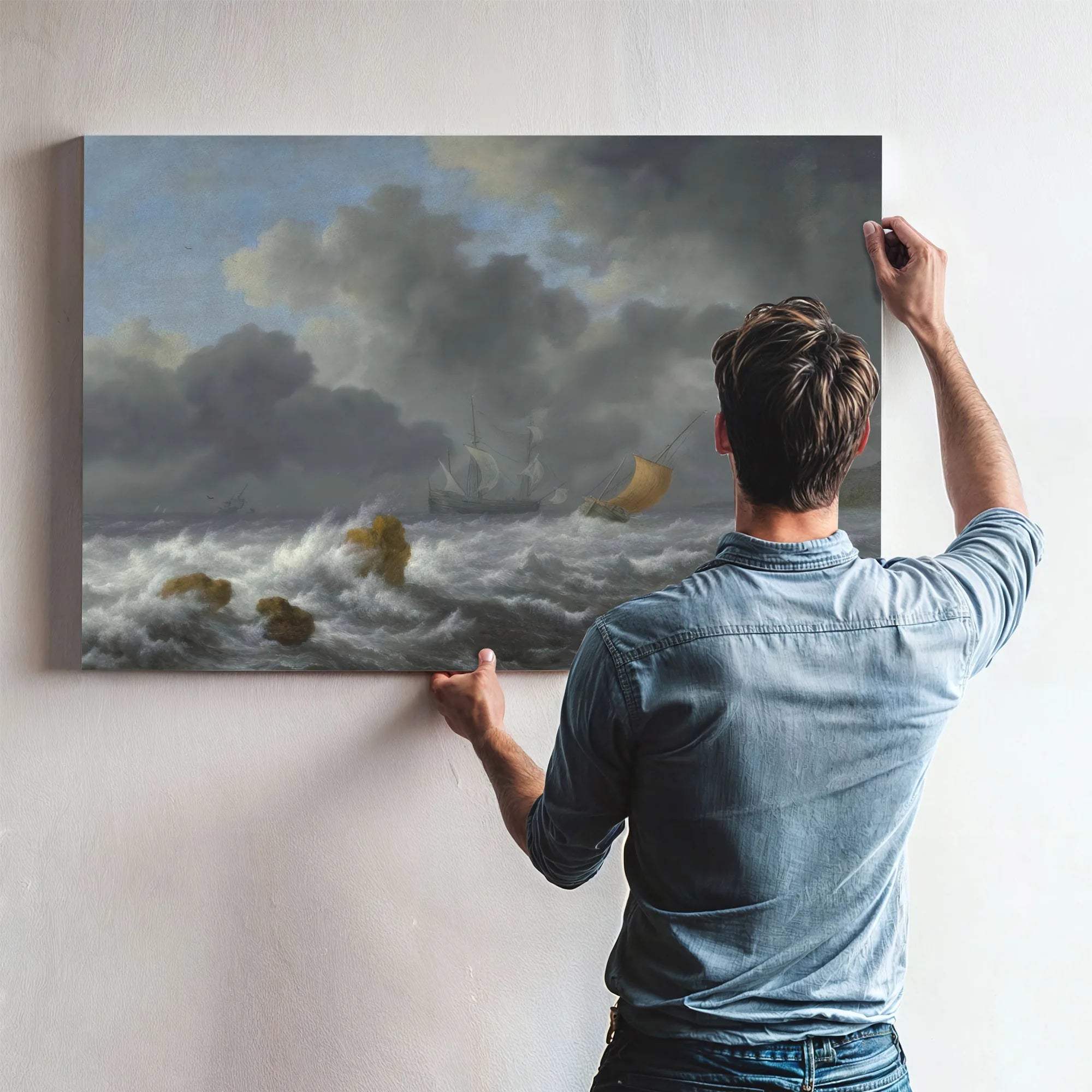 Sailing Vessels In A Stormy Sea Near A Rocky Coast By Jacob Van Ruisdael Fine Art Print