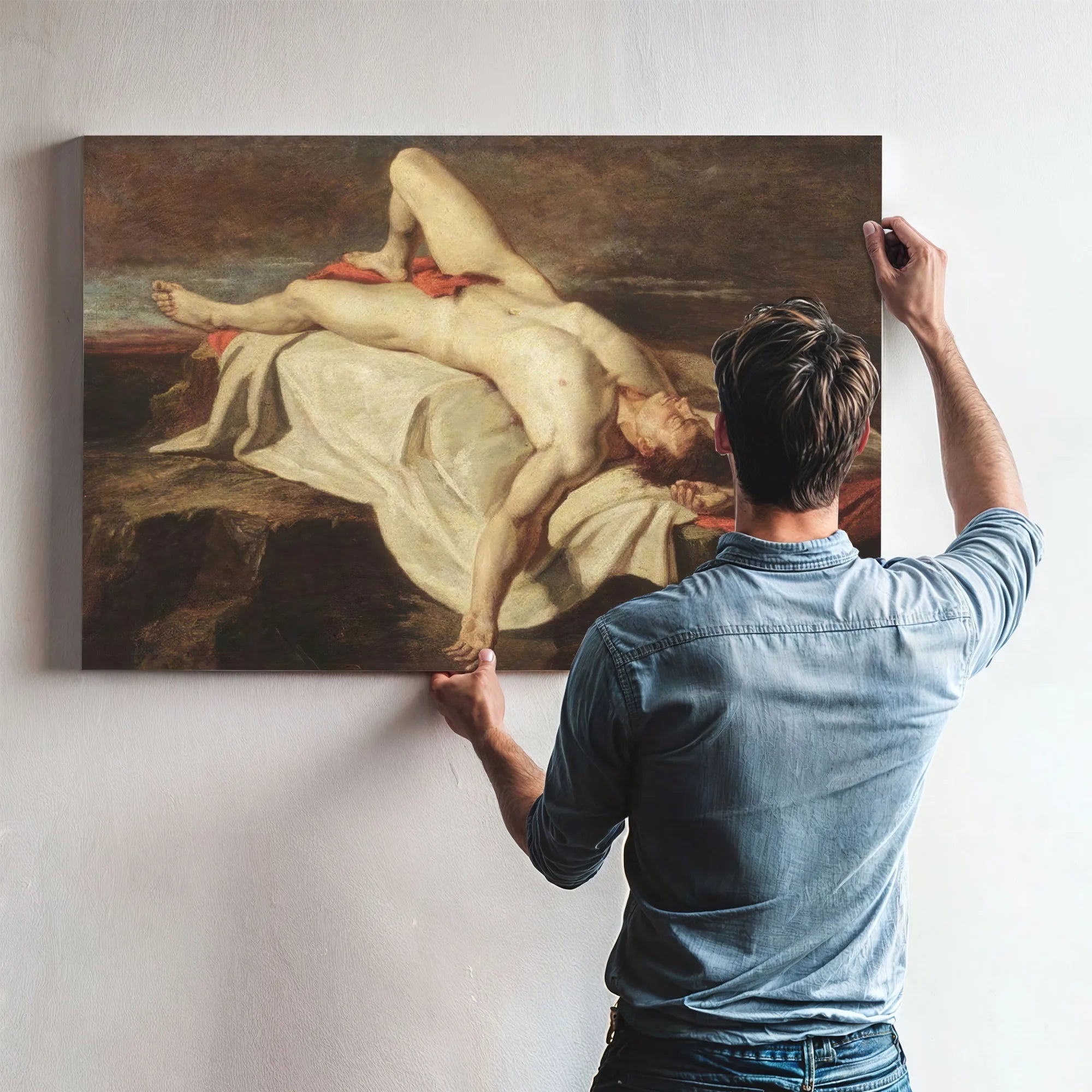 Academic Study Of A Male Nude Lying On A Shroud On Rocks By William Etty Fine Art Print