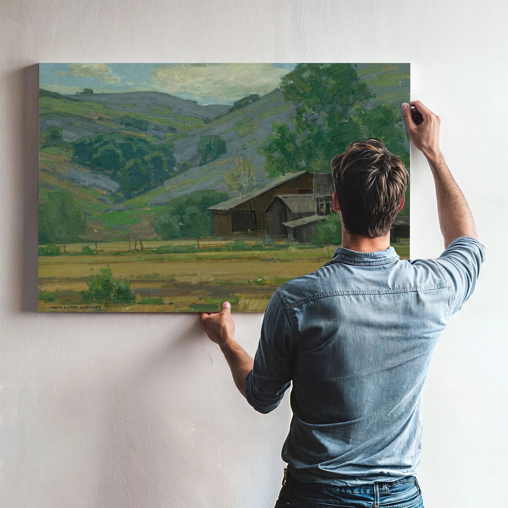 Hillside Wildflowers With Barn By William Wendt Fine Art Print