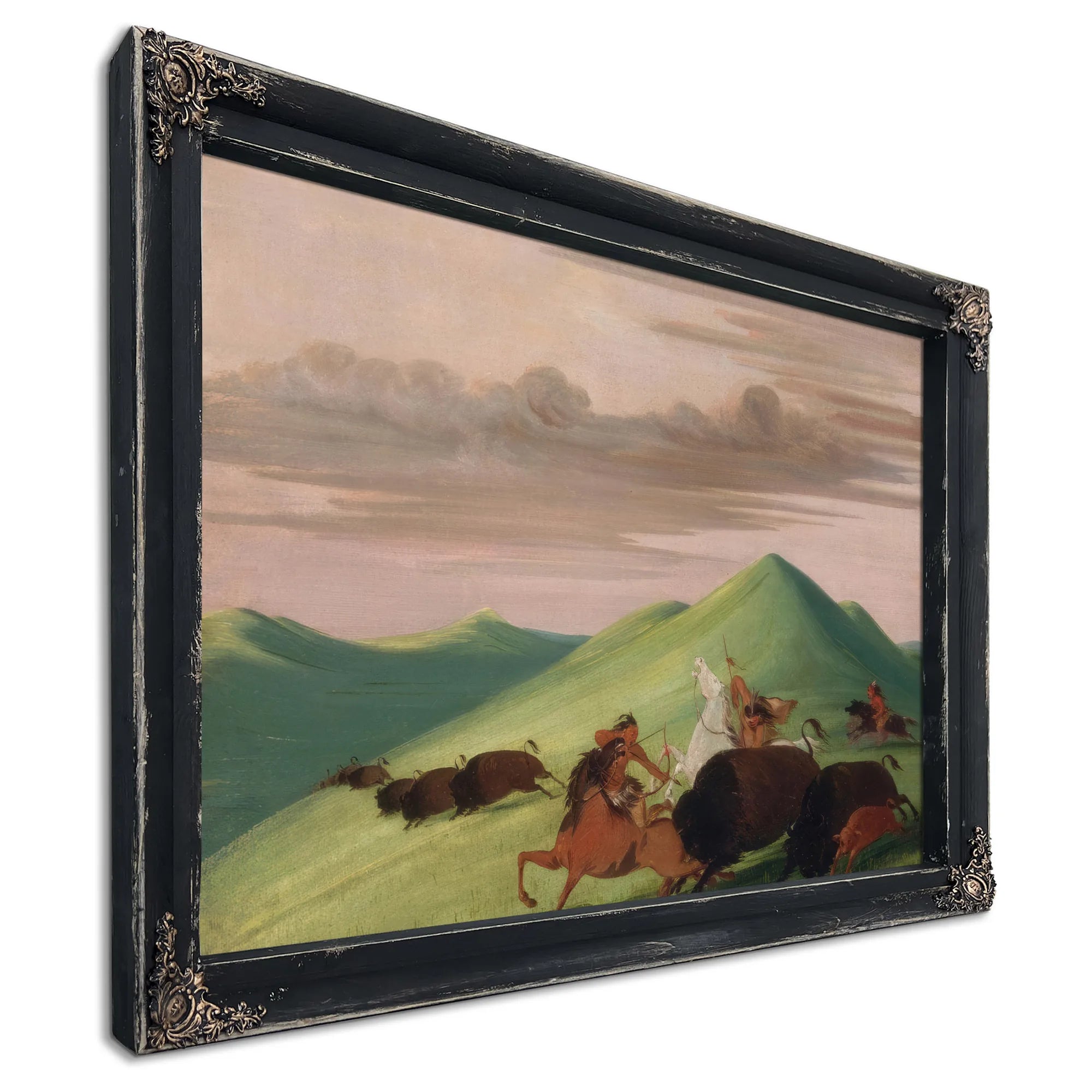 Buffalo Chase, Bull Protecting A Cow And Calf By George Catlin Fine Art Print