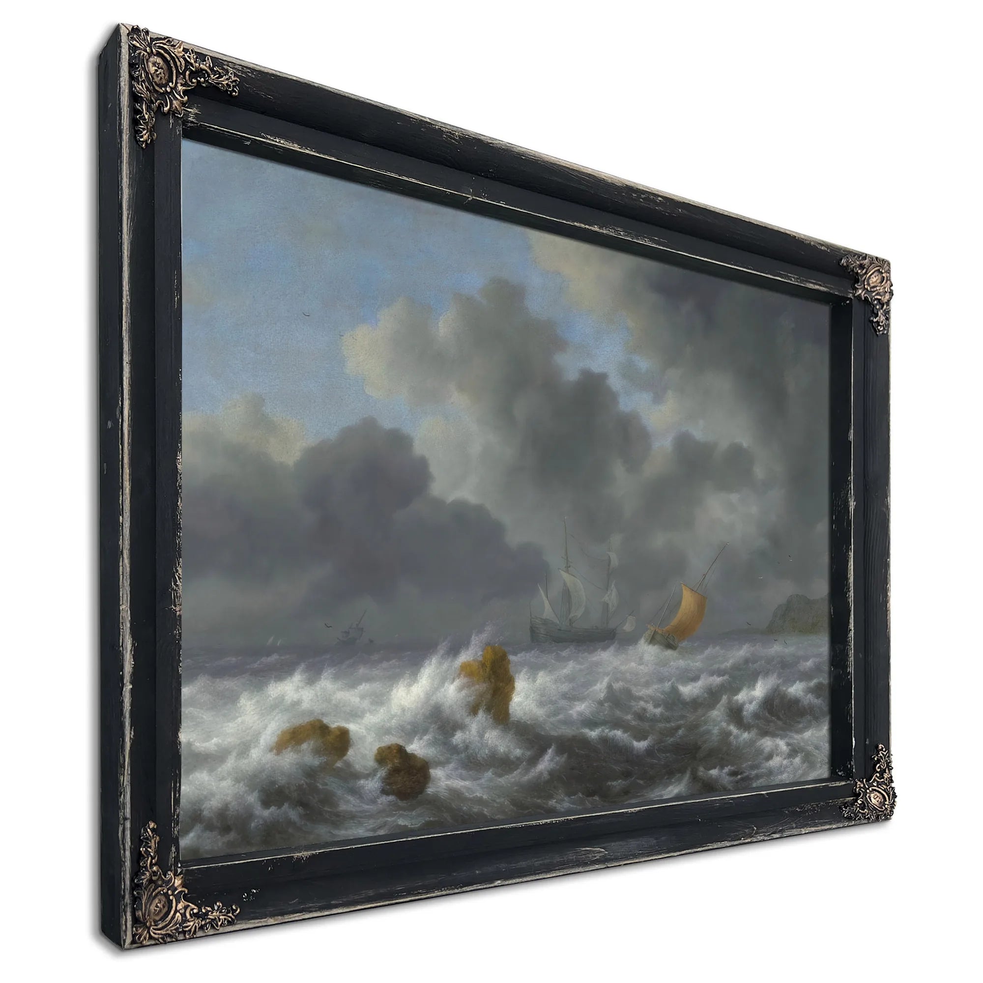 Sailing Vessels In A Stormy Sea Near A Rocky Coast By Jacob Van Ruisdael Fine Art Print