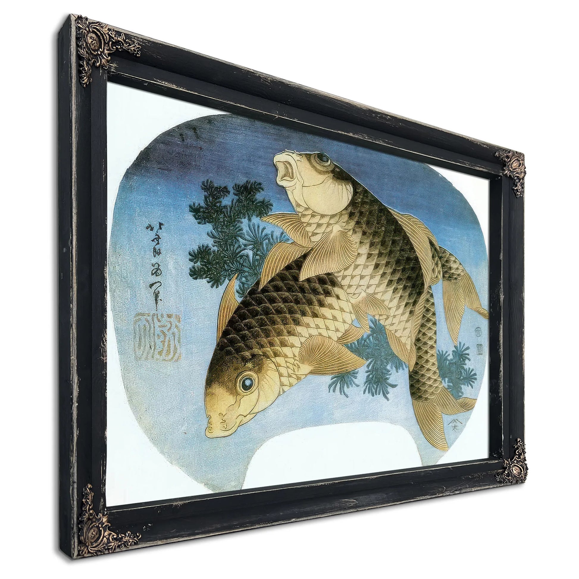 Two Carp Among Waterweeds By Hokusai Fine Art Print