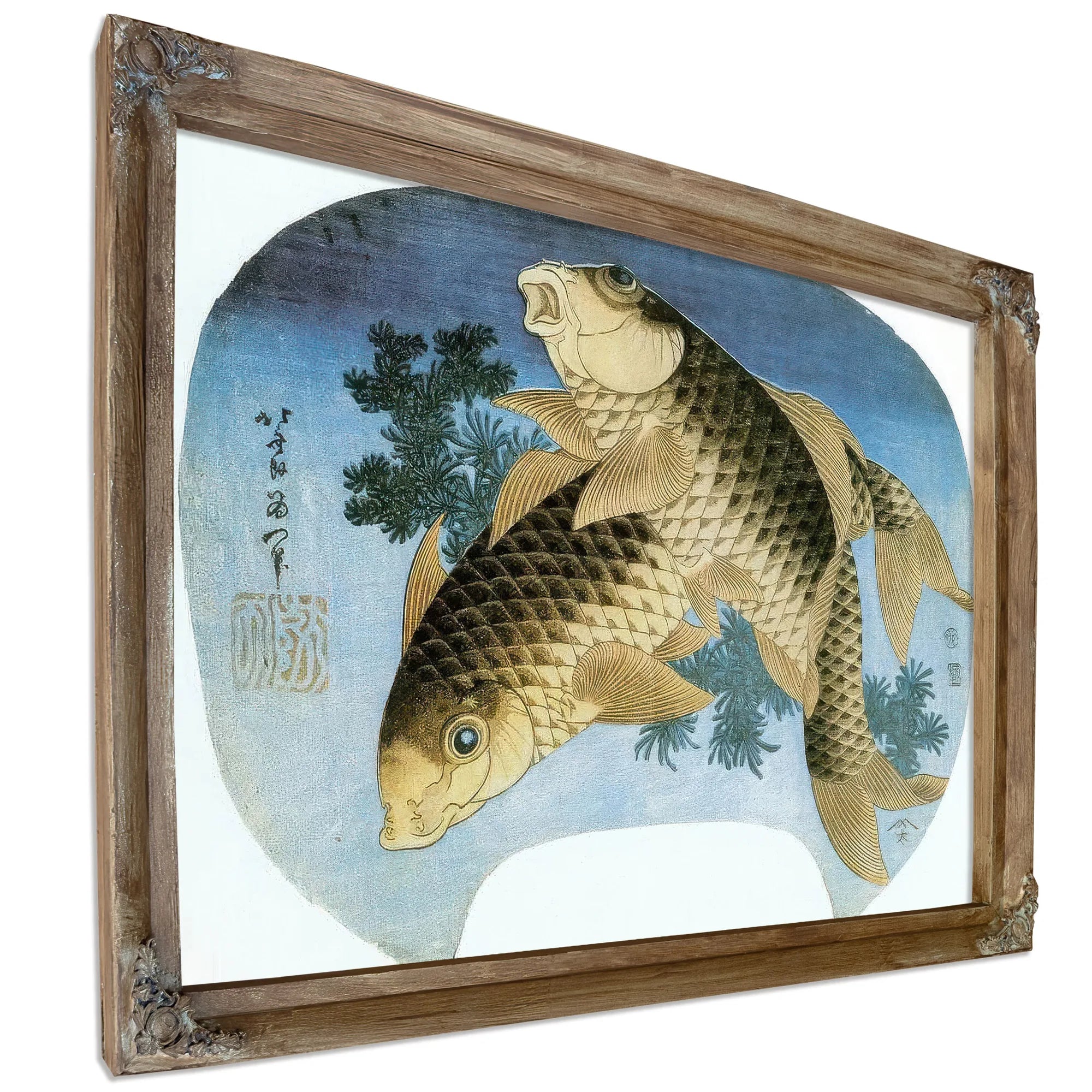 Two Carp Among Waterweeds By Hokusai Fine Art Print
