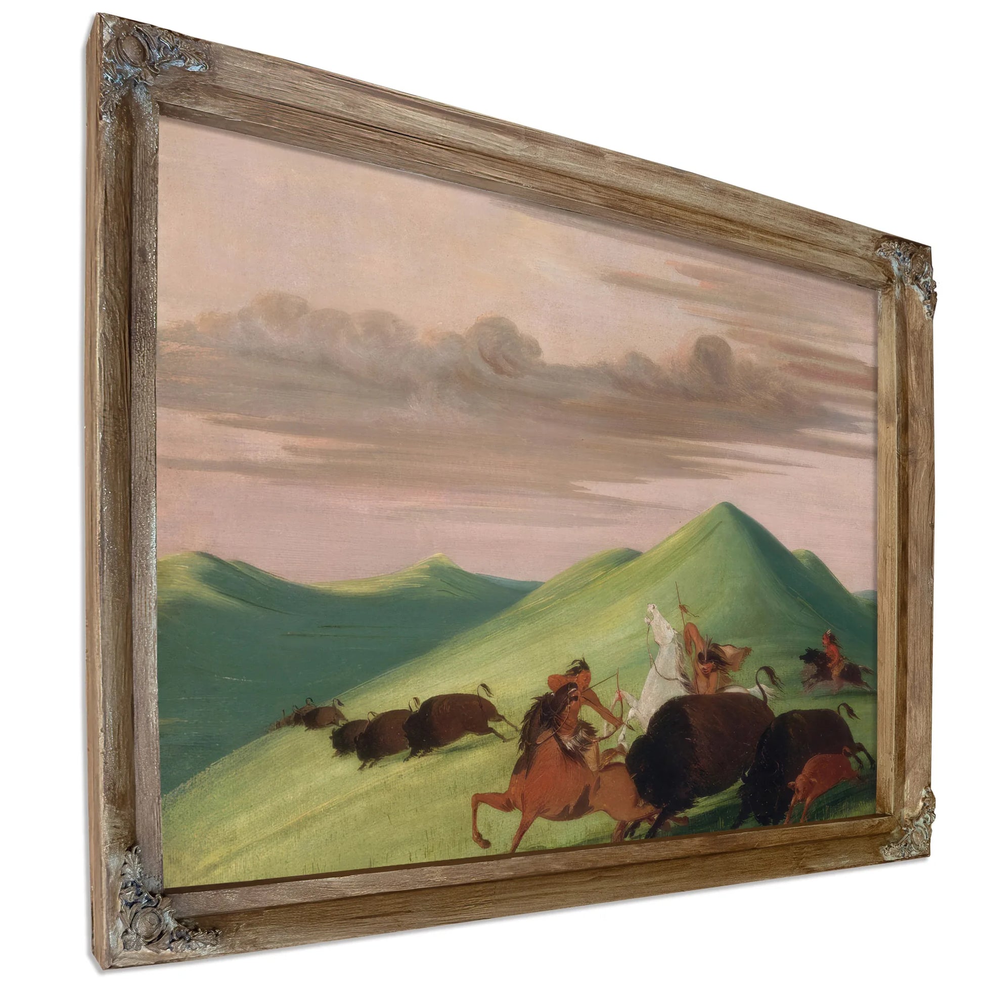 Buffalo Chase, Bull Protecting A Cow And Calf By George Catlin Fine Art Print