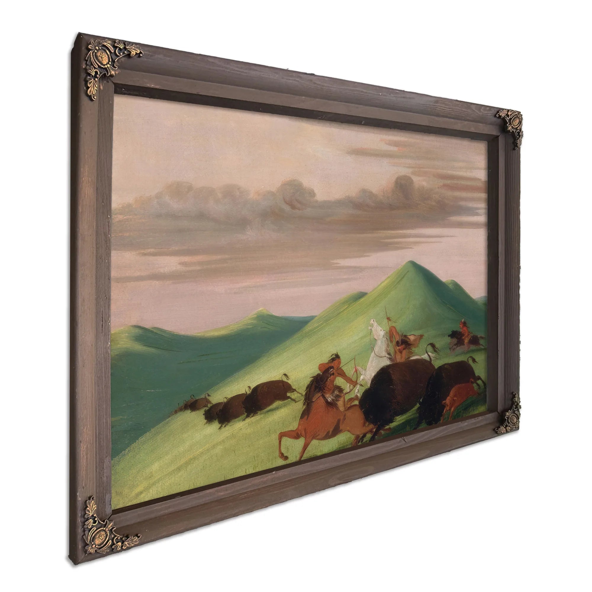 Buffalo Chase, Bull Protecting A Cow And Calf By George Catlin Fine Art Print