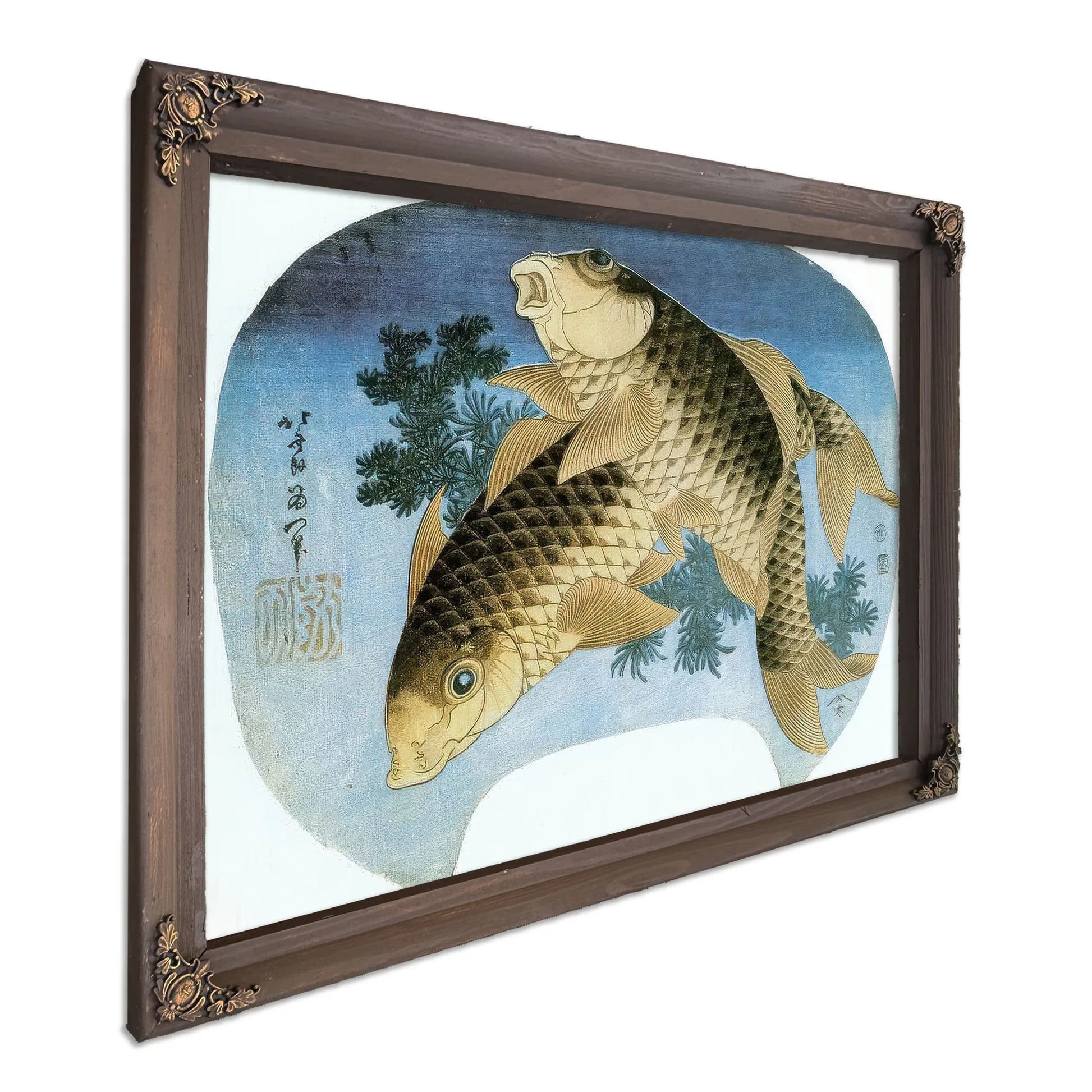 Two Carp Among Waterweeds By Hokusai Fine Art Print