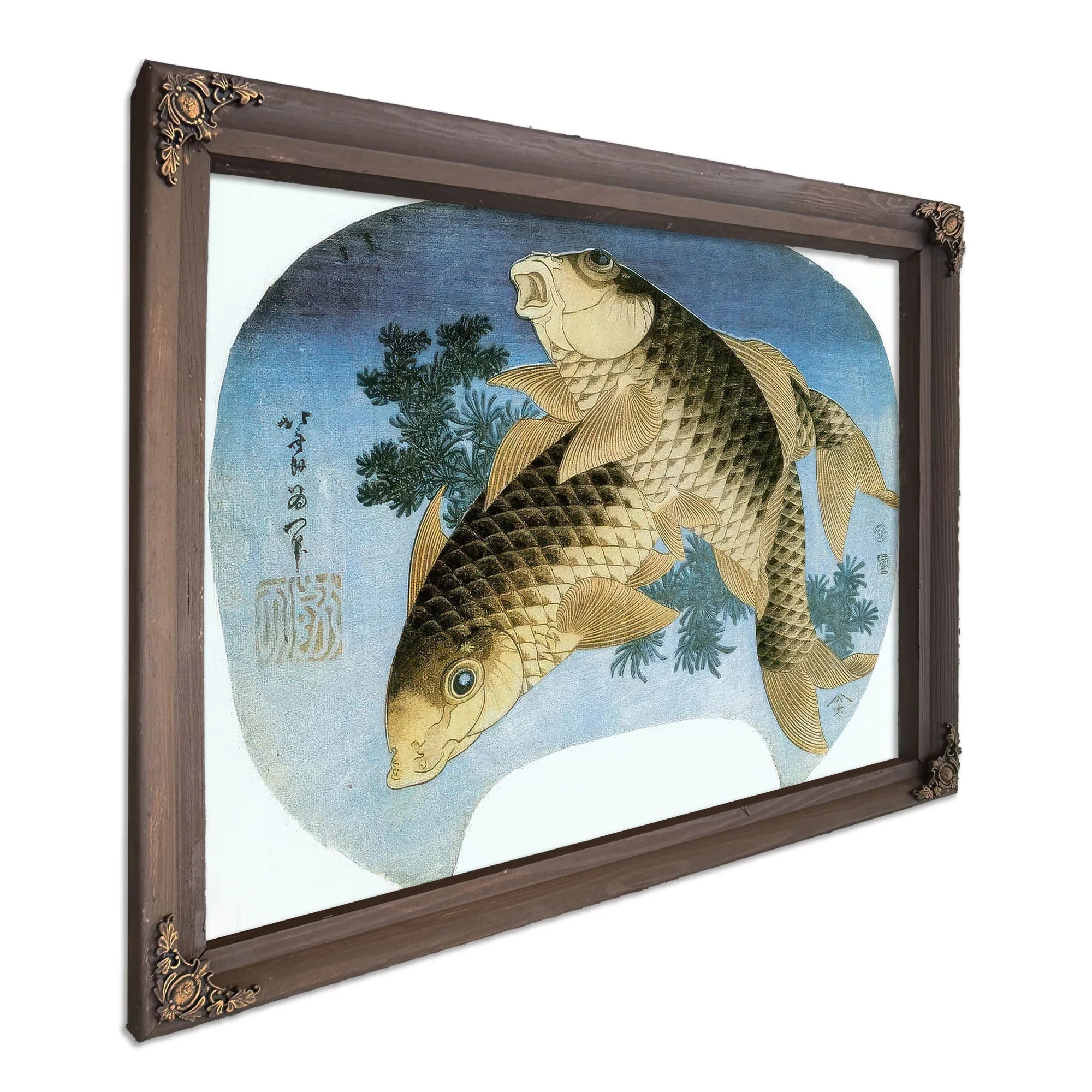 Two Carp Among Waterweeds By Hokusai Fine Art Print