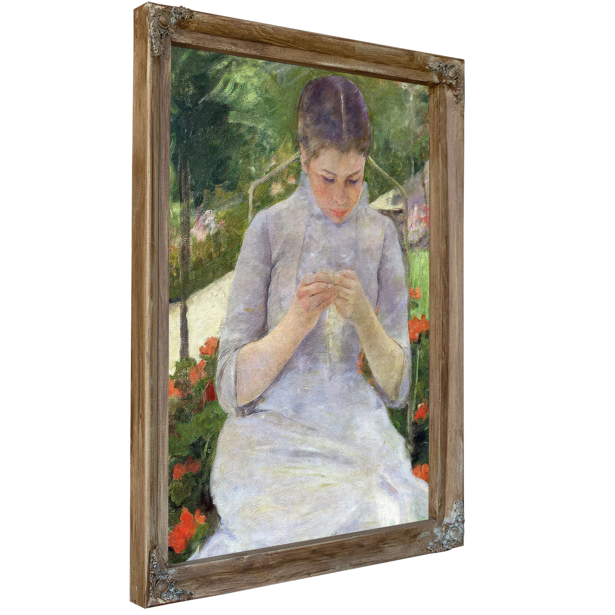 Young Woman Sewing In The Garden By Mary Cassatt Fine Art Print