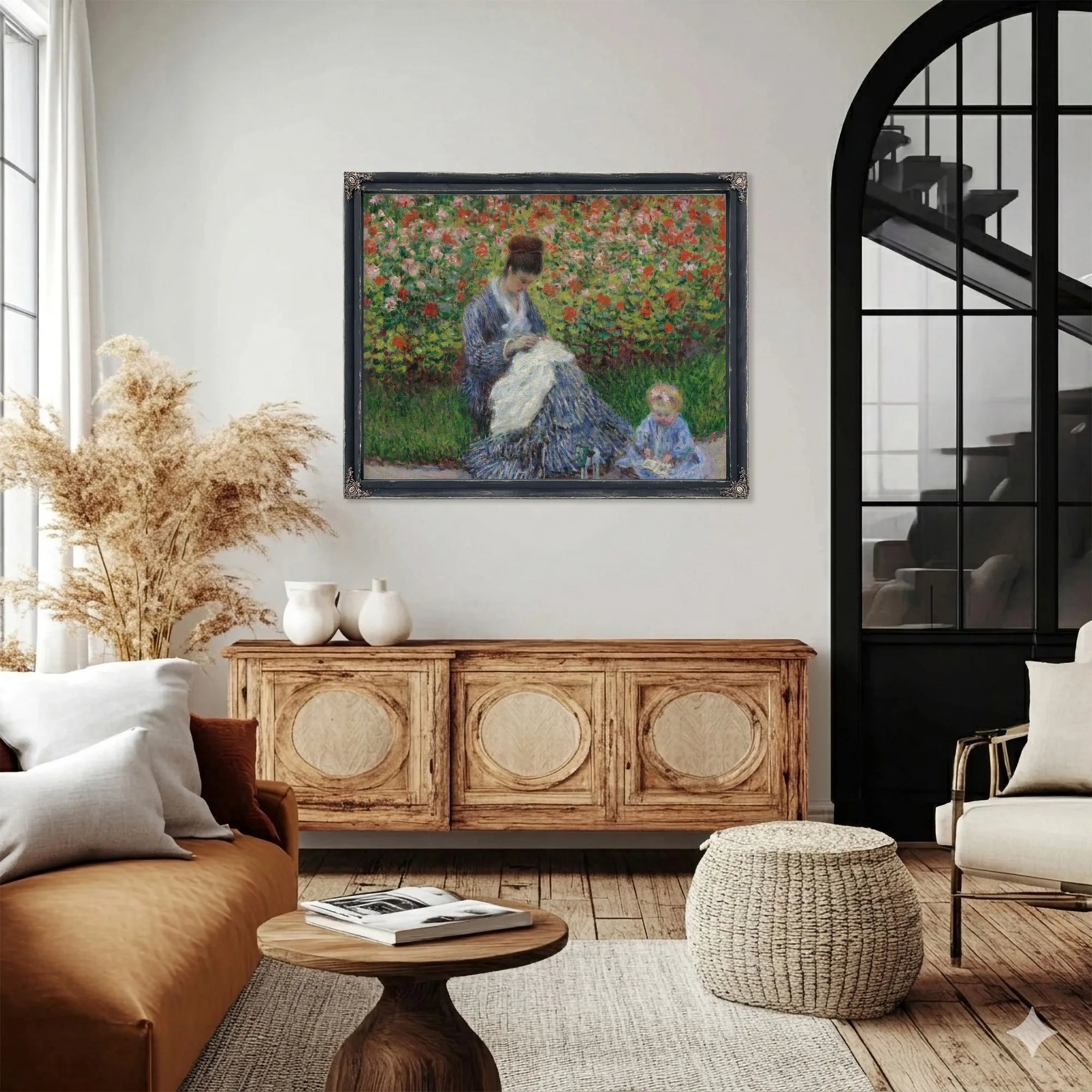 Camille Monet And A Child In The Artist's Garden In Argenteuil By Claude Monet Fine Art Print