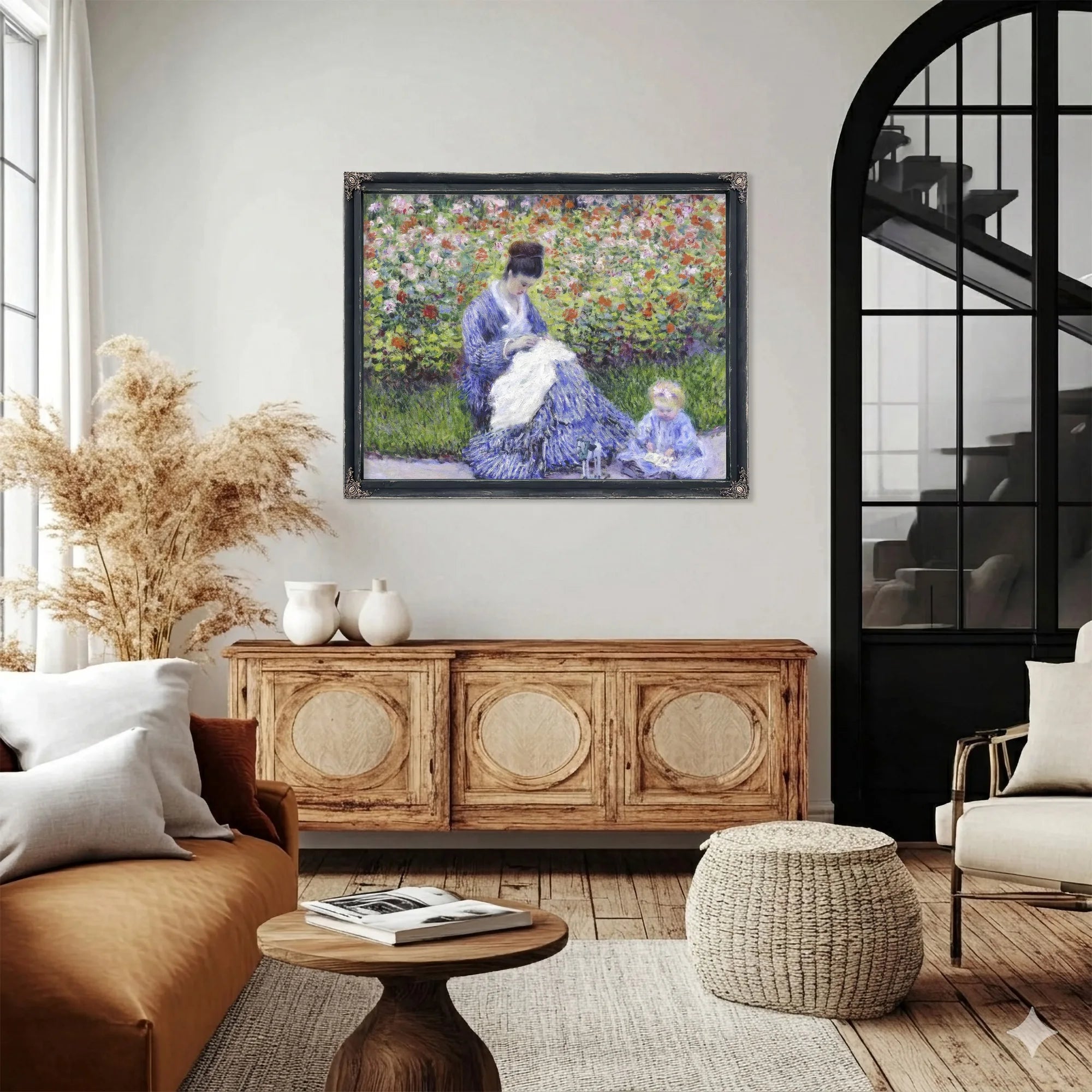 Camille Monet And A Child In The Artist's Garden In Argenteuil By Claude Monet Fine Art Print