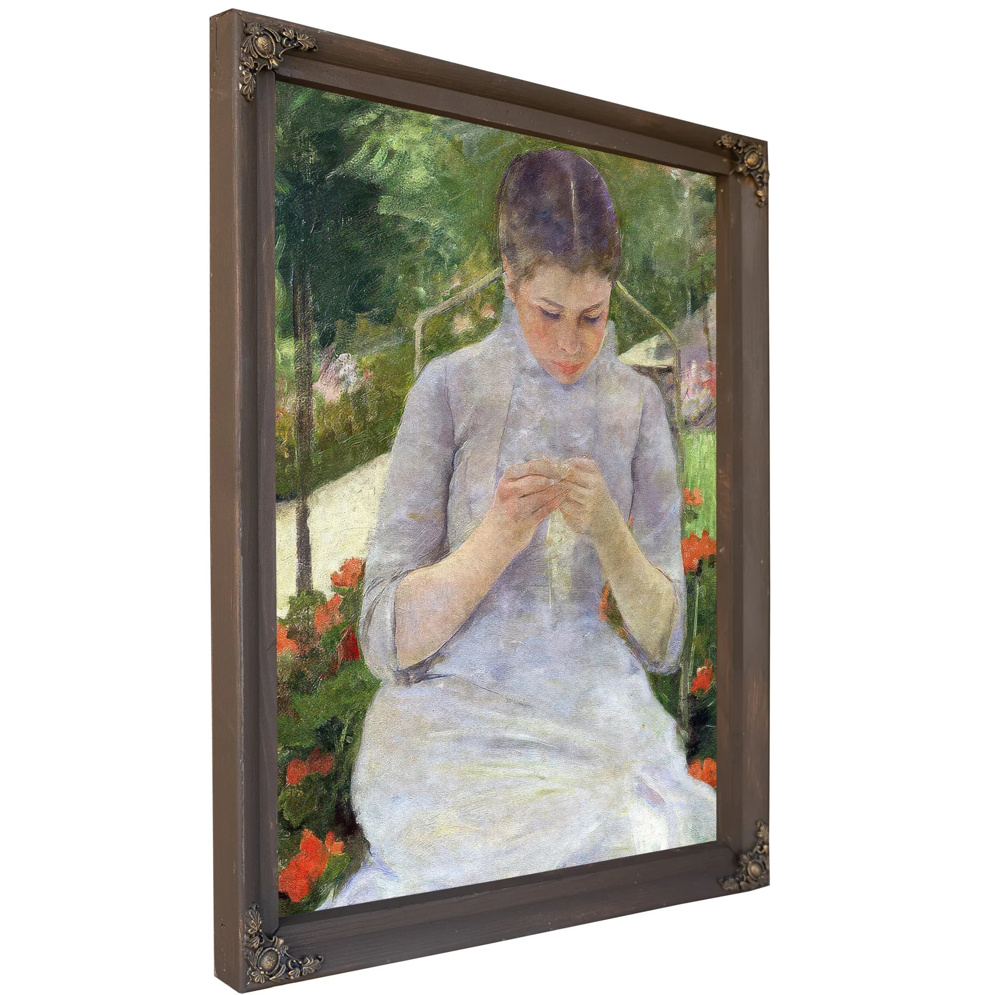 Young Woman Sewing In The Garden By Mary Cassatt Fine Art Print