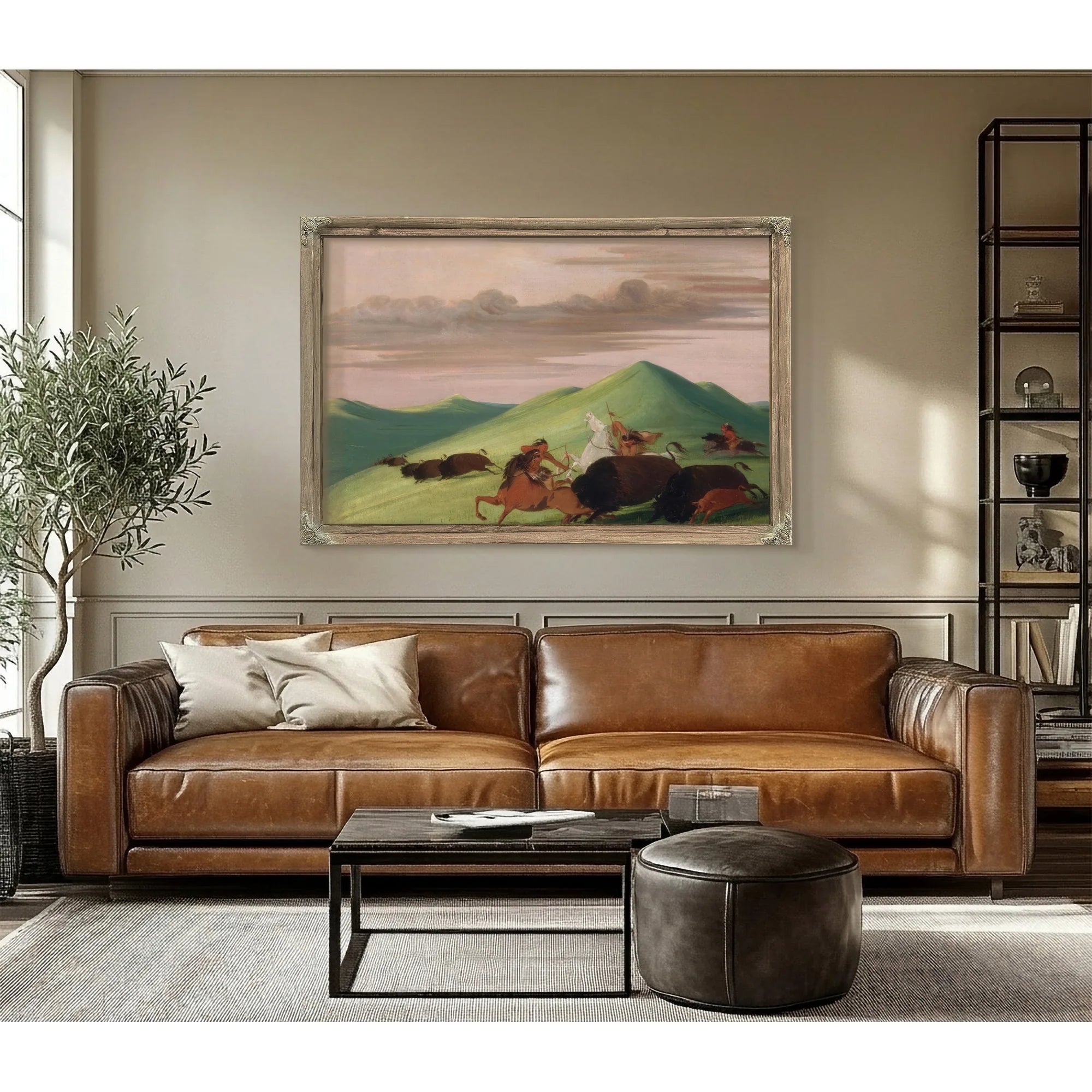 Buffalo Chase, Bull Protecting A Cow And Calf By George Catlin Fine Art Print