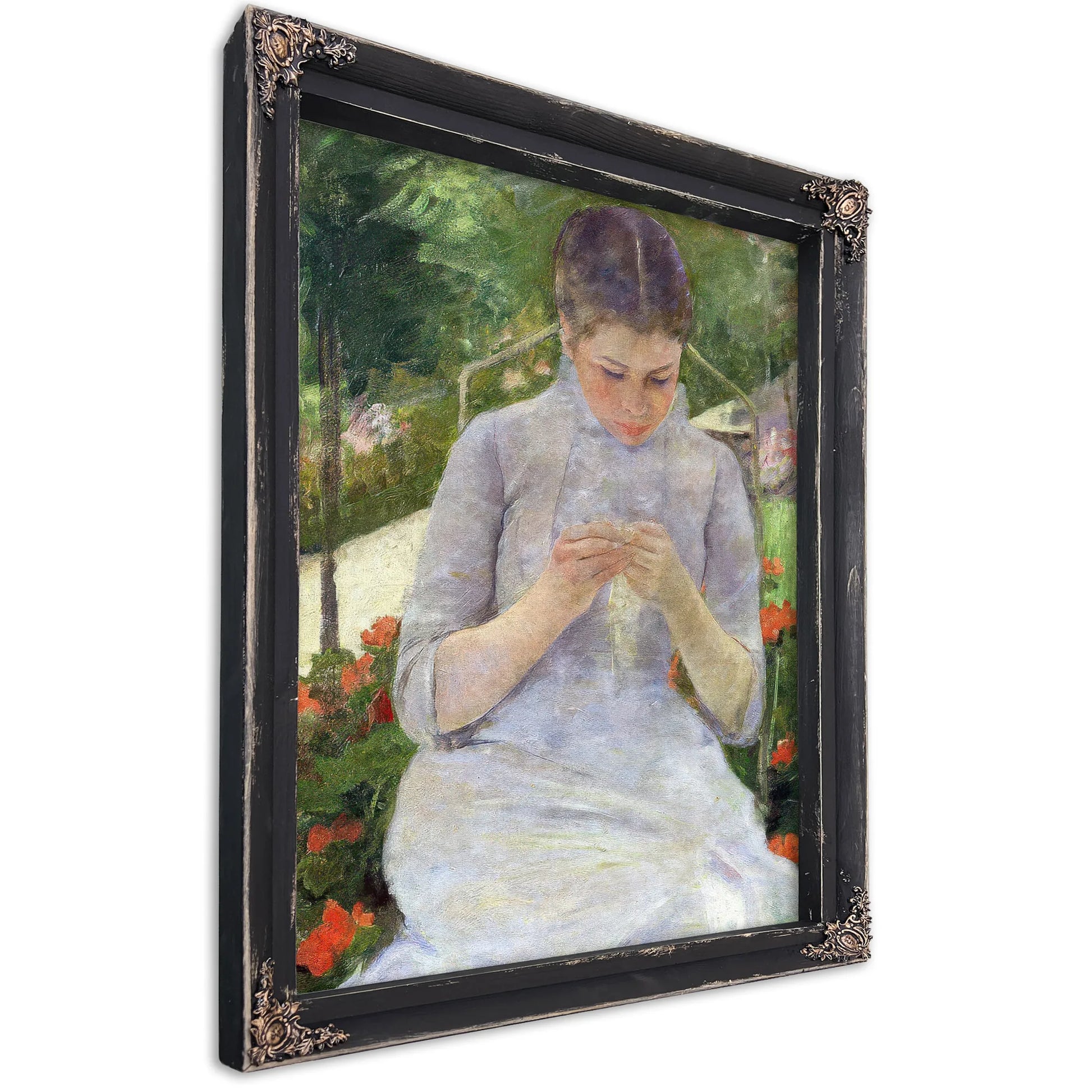 Young Woman Sewing In The Garden By Mary Cassatt Fine Art Print