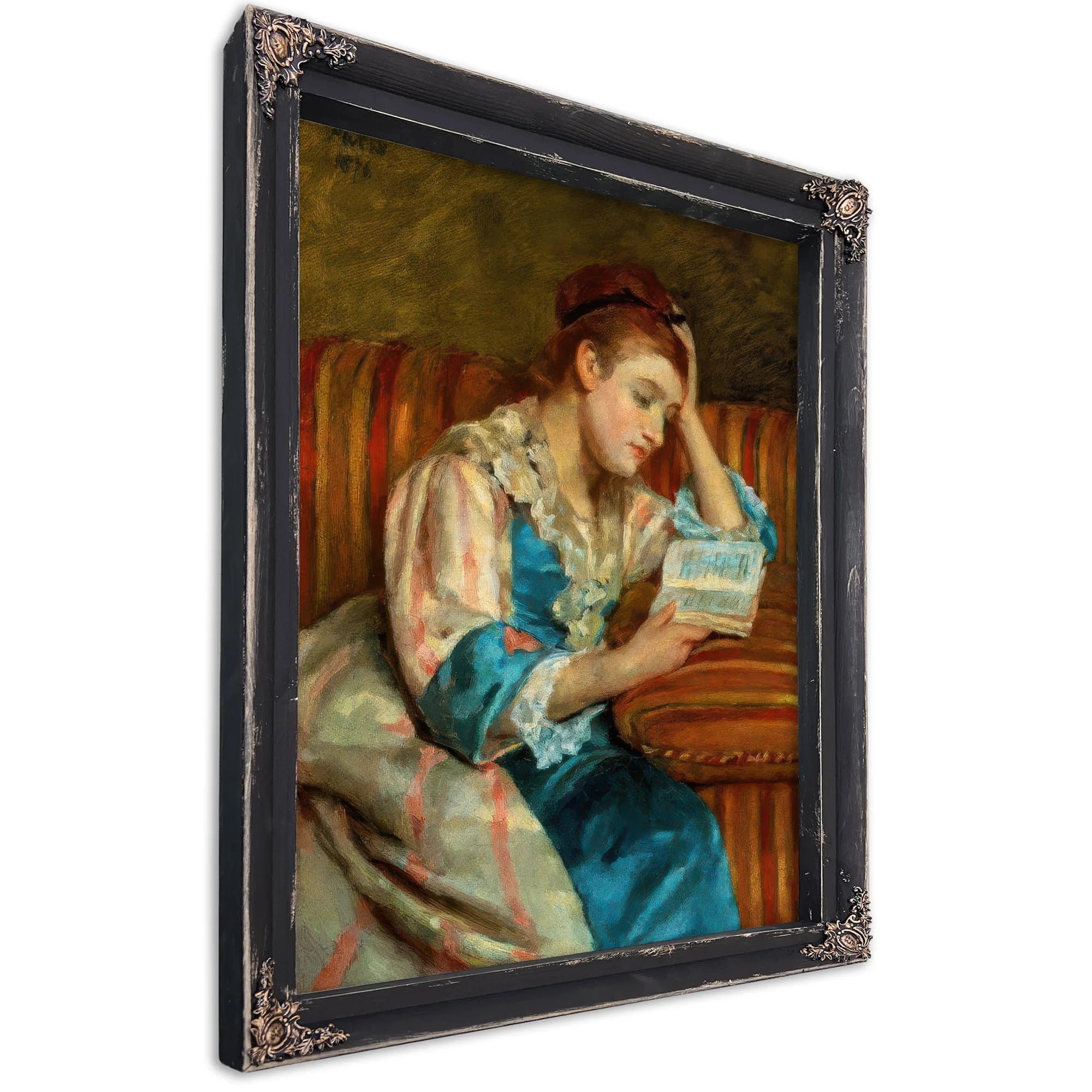 Mrs Duffee Seated On A Striped Sofa Reading By Mary Cassatt Fine Art Print