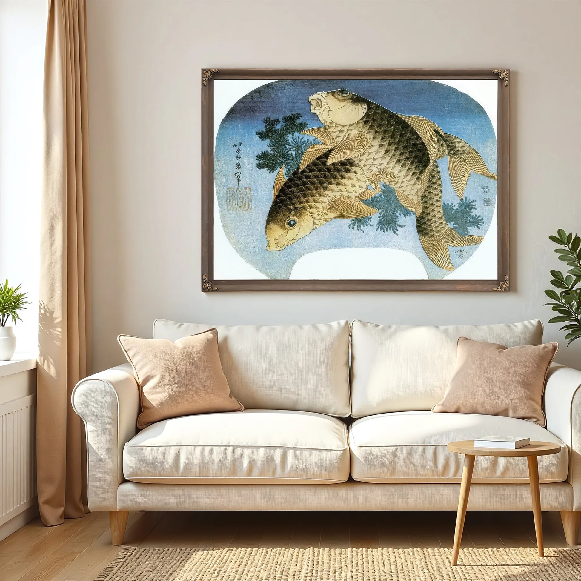 Two Carp Among Waterweeds By Hokusai Fine Art Print
