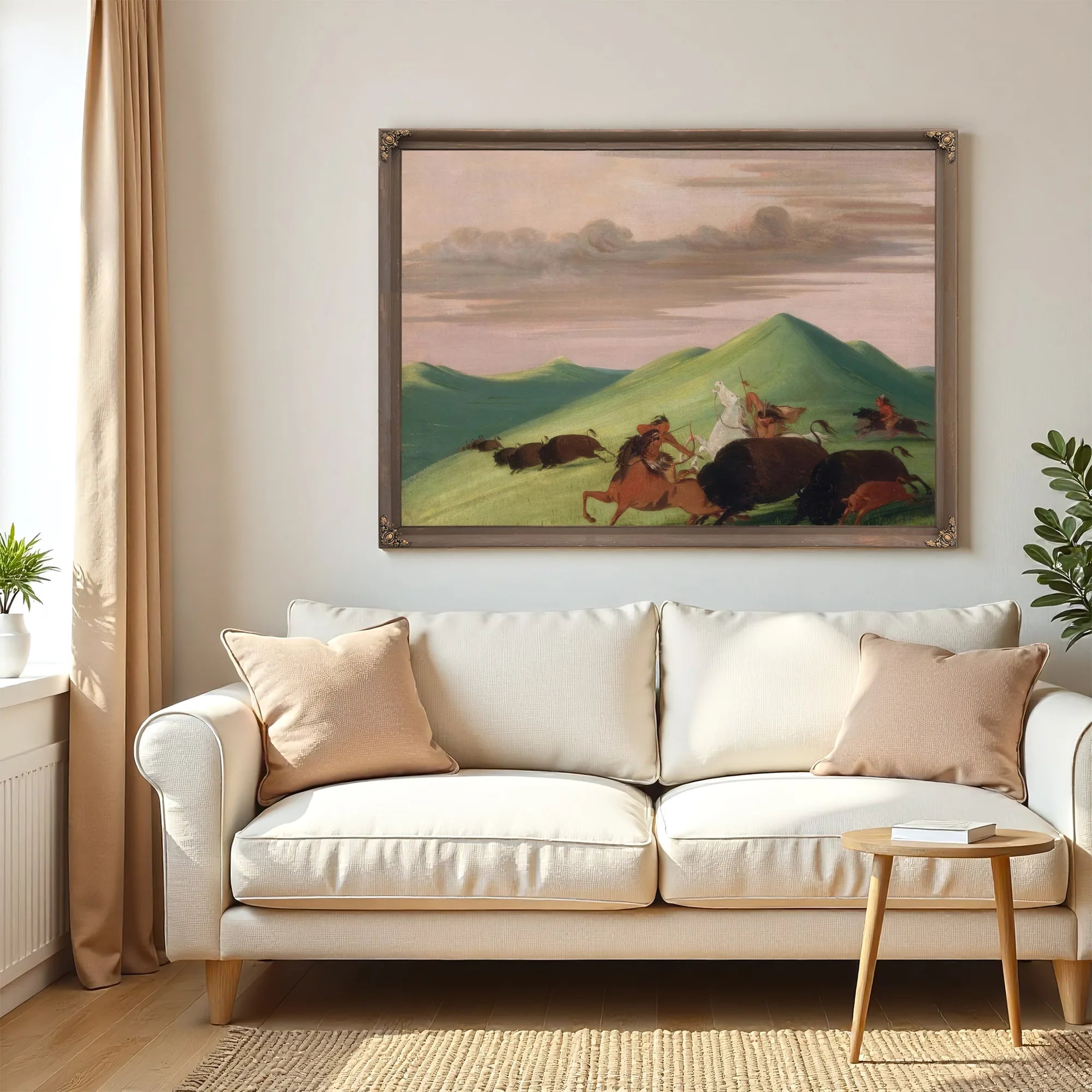 Buffalo Chase, Bull Protecting A Cow And Calf By George Catlin Fine Art Print