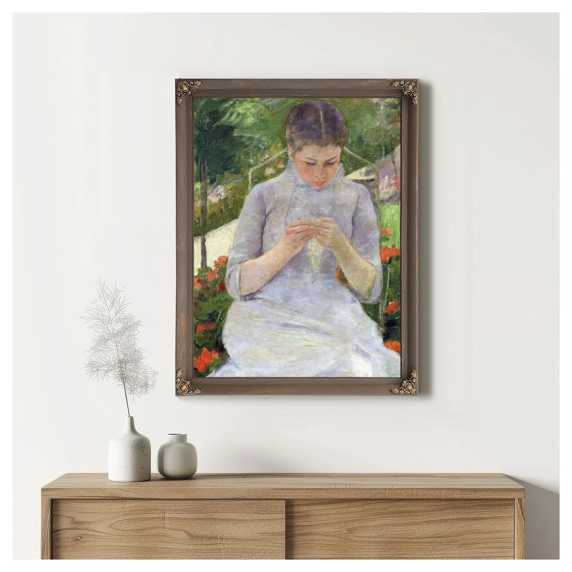 Young Woman Sewing In The Garden By Mary Cassatt Fine Art Print