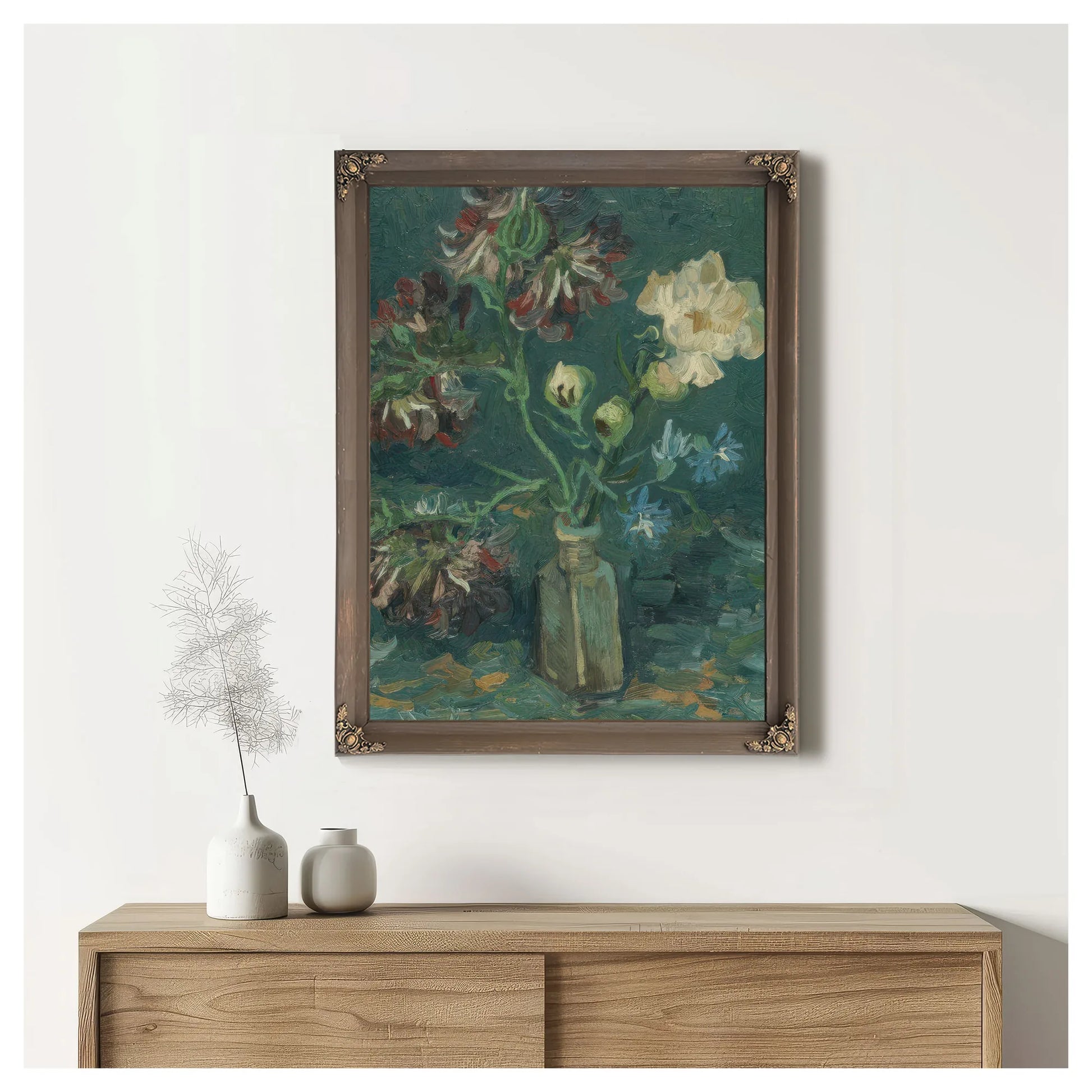 Small Bottle With Peonies And Blue Delphiniums By Vincent Van Gogh Fine Art Print