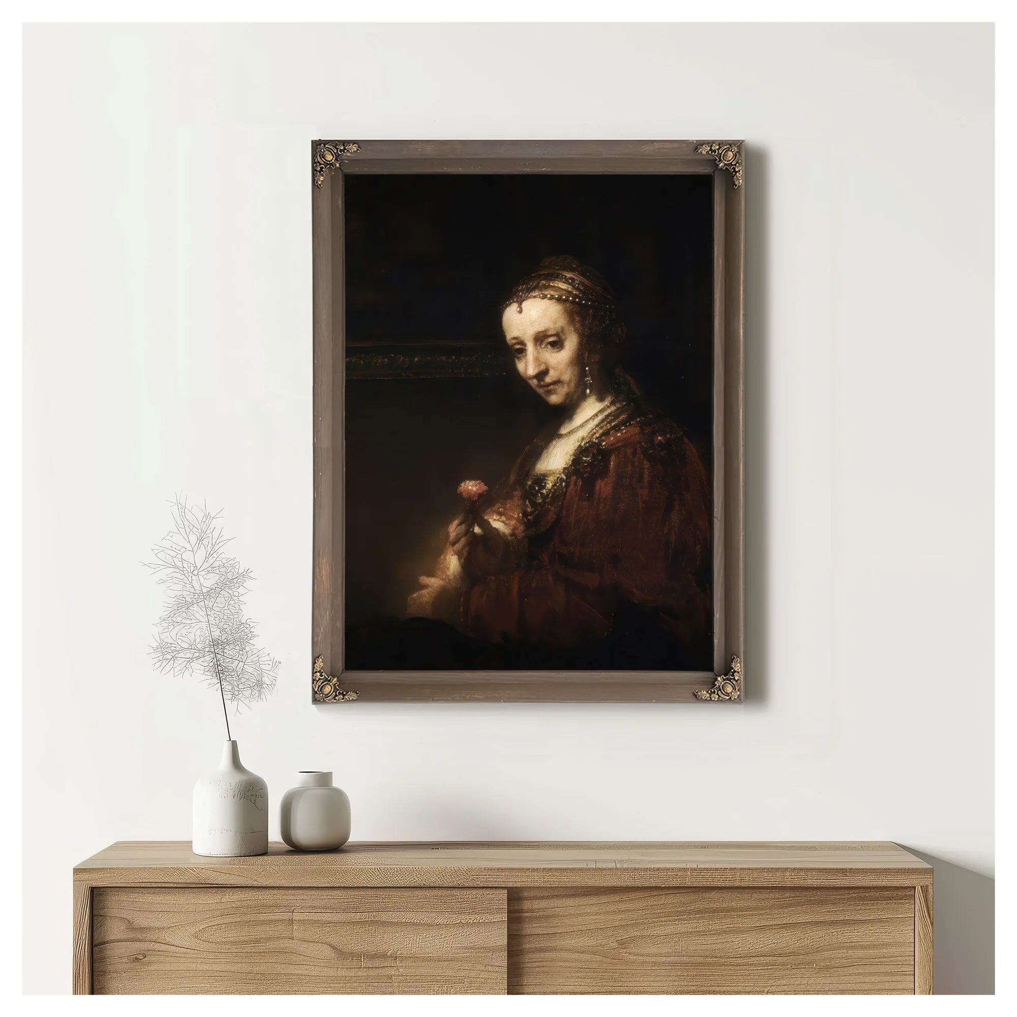 Lady With A Pink By Rembrandt Fine Art Print