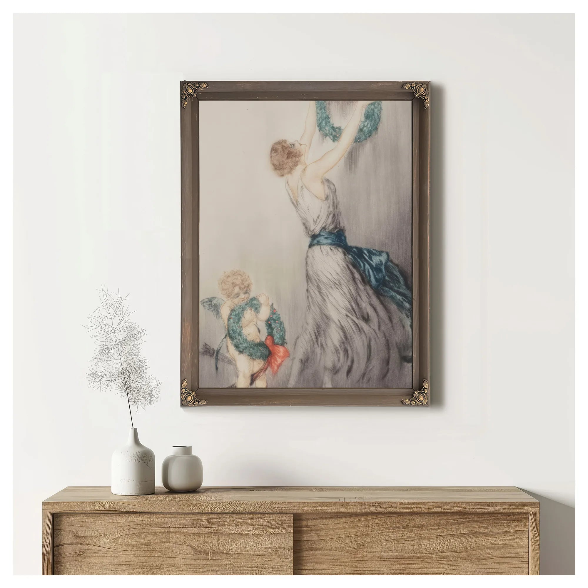 Christmas Wreath C. 1922 By Louis Icart Fine Art Print