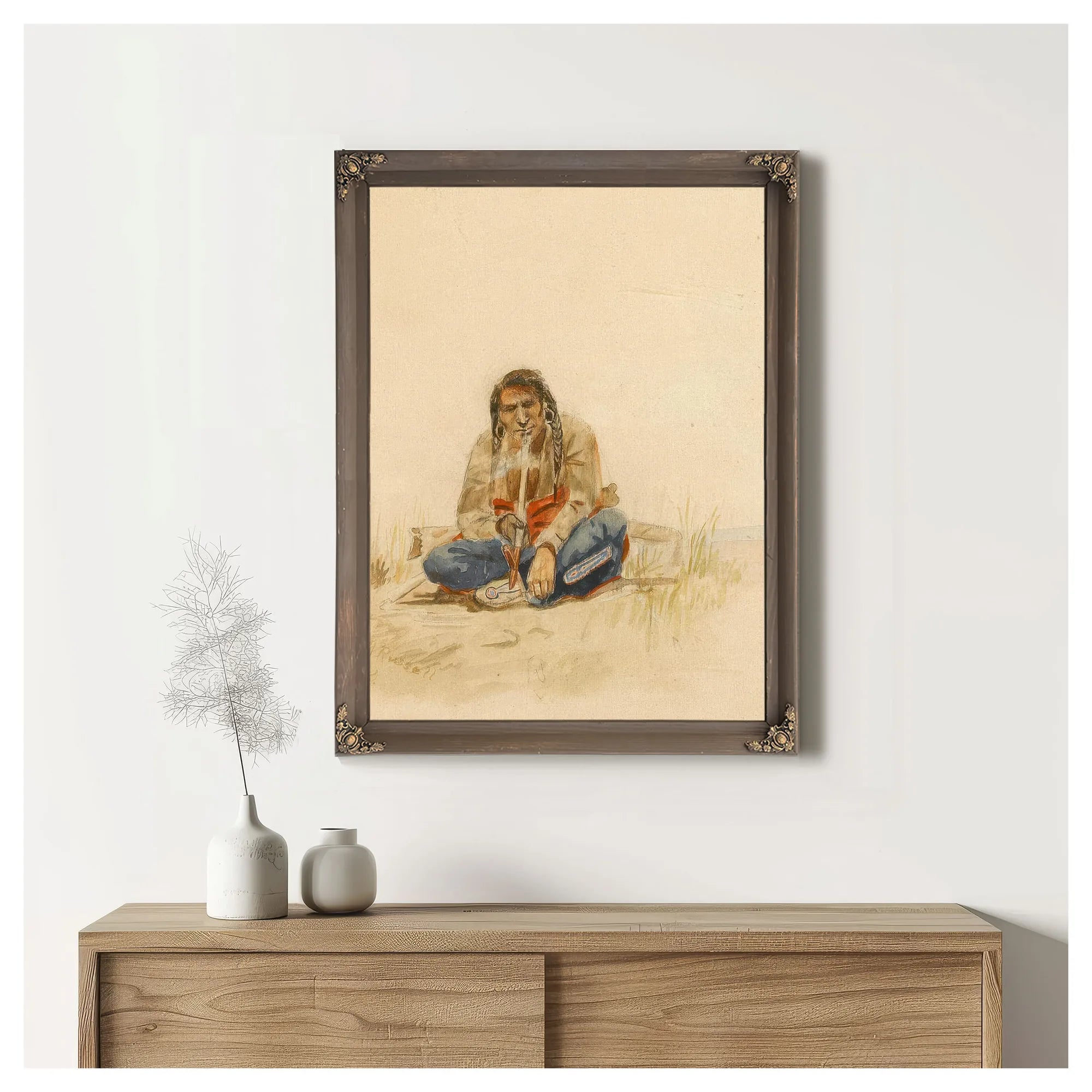 Indian Smoking Peace Pipe By Charles Marion Russell Fine Art Print