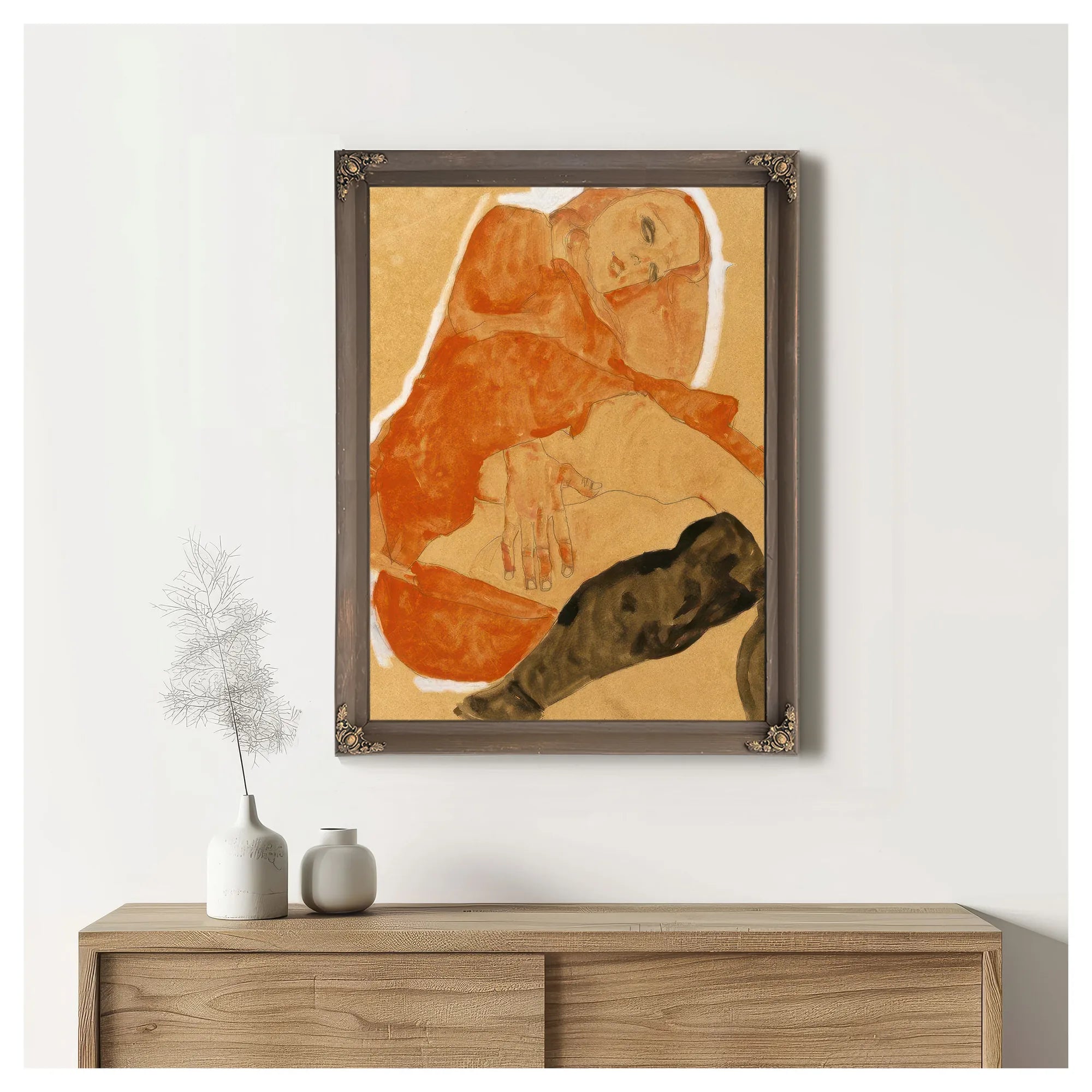 Girl In Red Robe And Black Stockings By Egon Schiele Fine Art Print