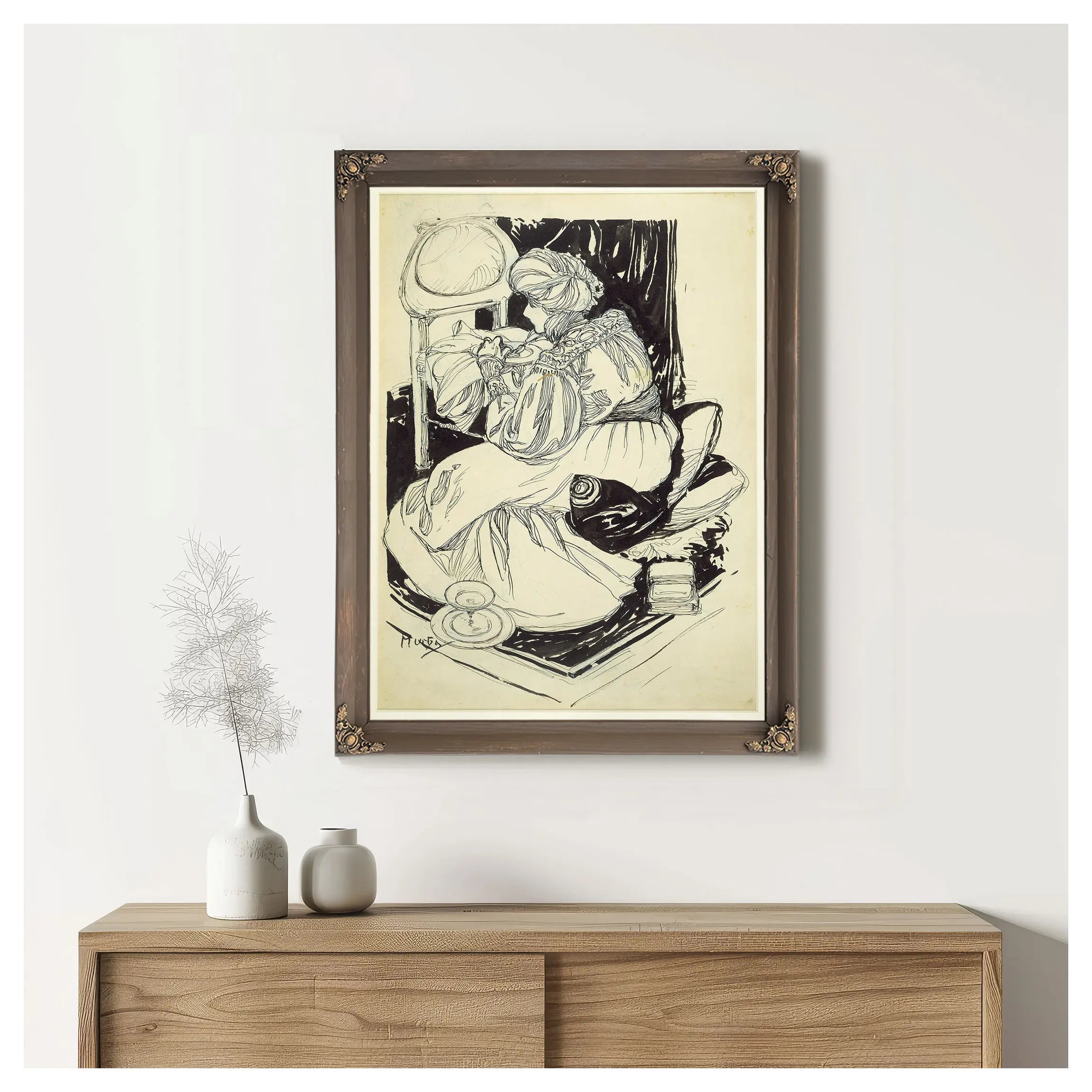 Sarah Bernhardt Dining Off A Chair by Alphonse Mucha