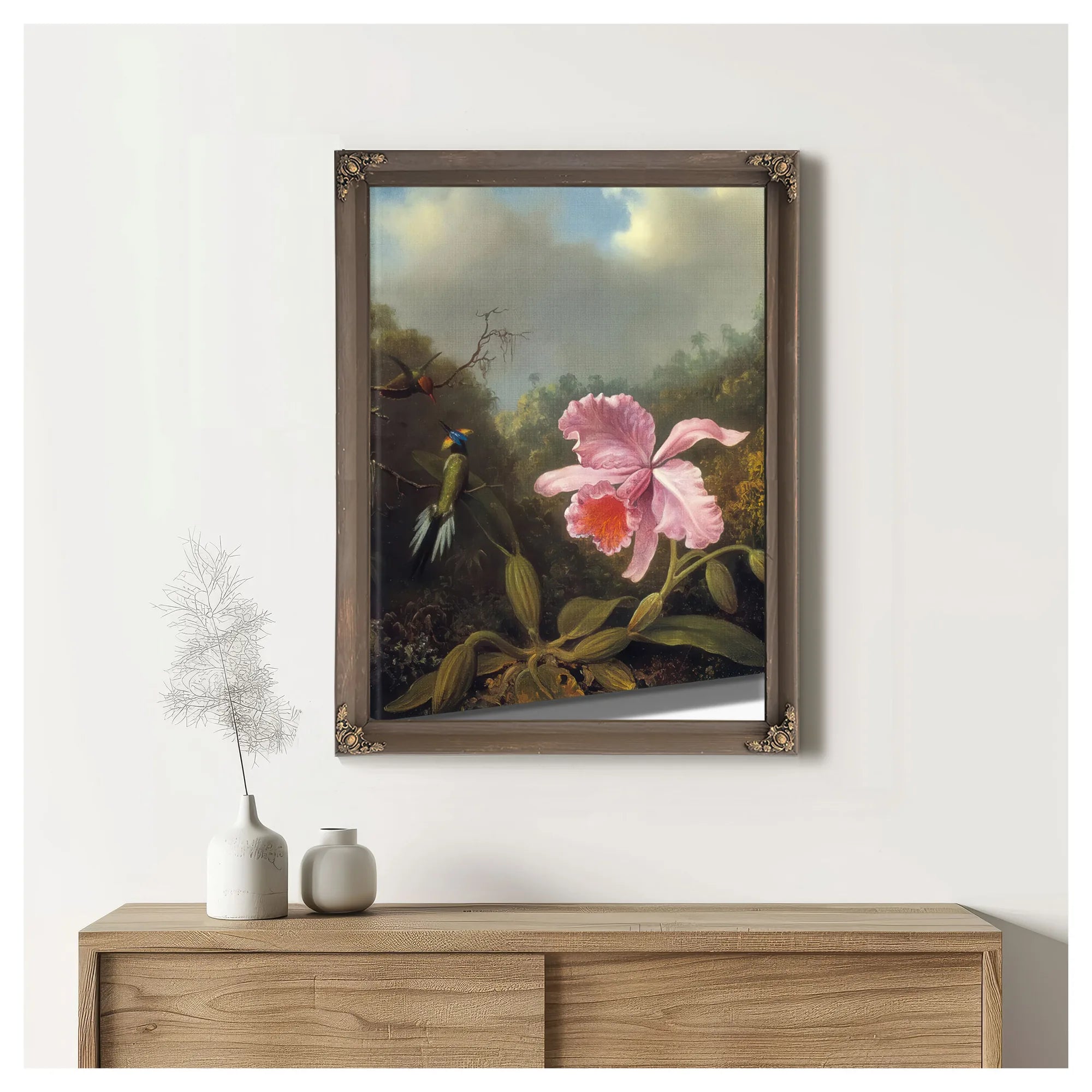 Fighting Hummingbirds With Pink Orchid By Martin Johnson Heade Fine Art Print