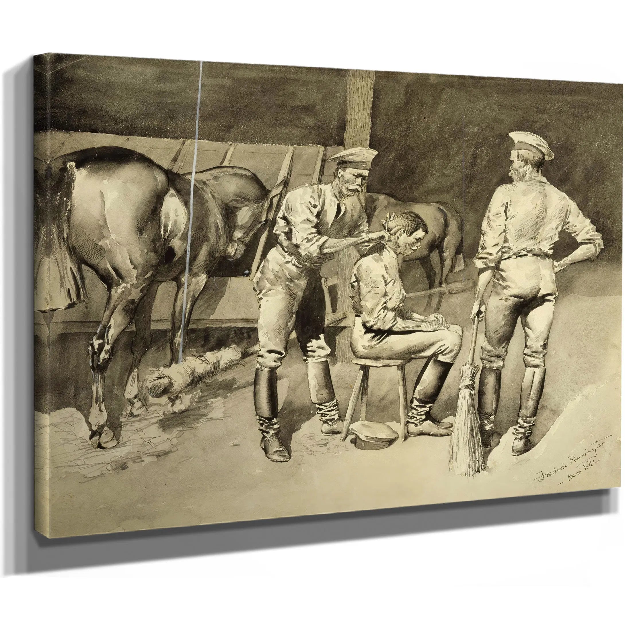 A Haircut In A Cavalry Stable by Frederic Remington