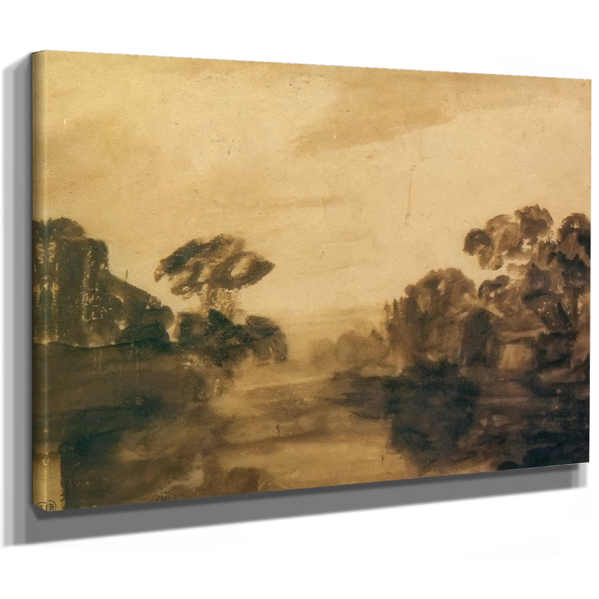 River With Trees On Its Embankment At Dusk, By Rembrandt Fine Art Print