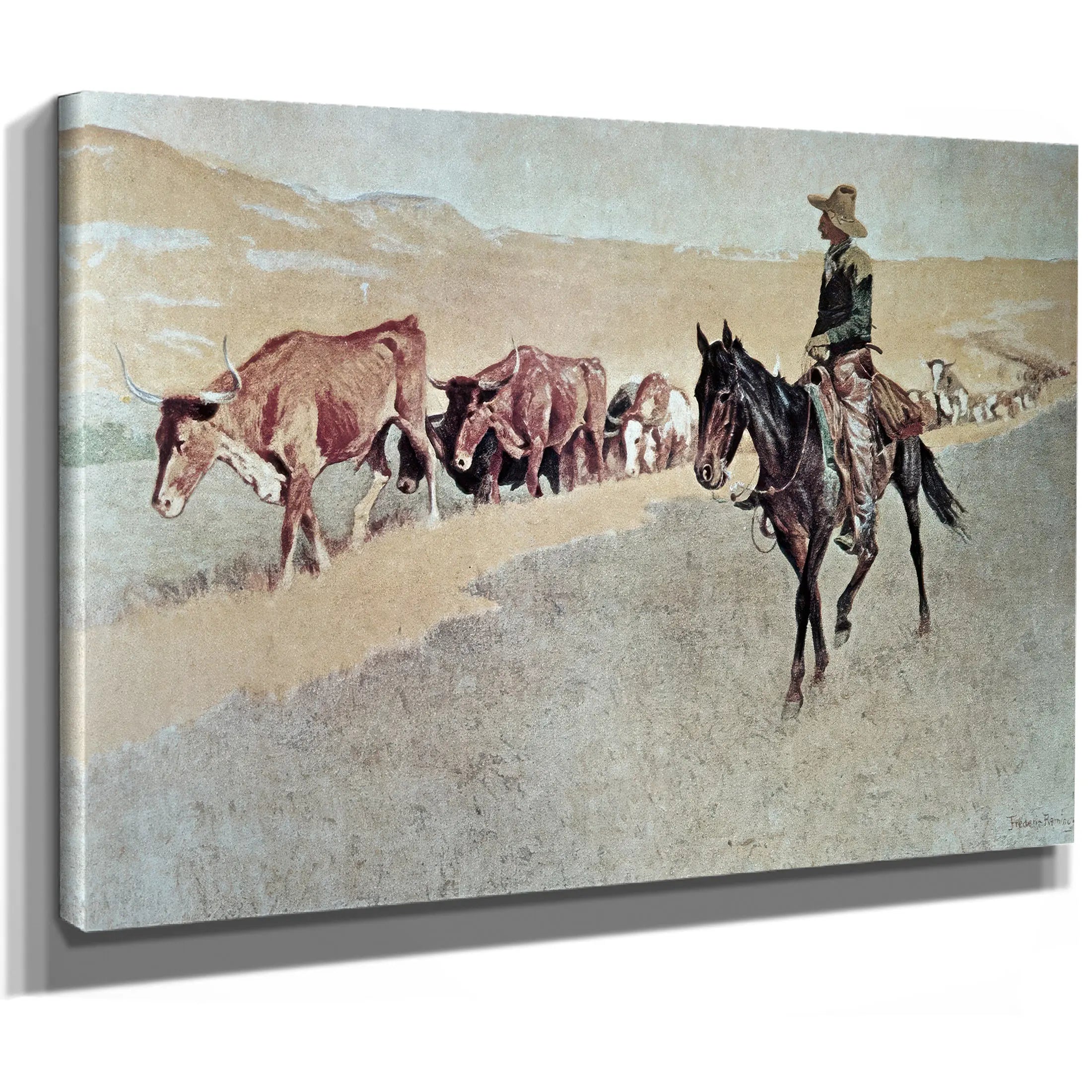 Trailing Texas Longhorns Oil On Canvas by Frederic Remington