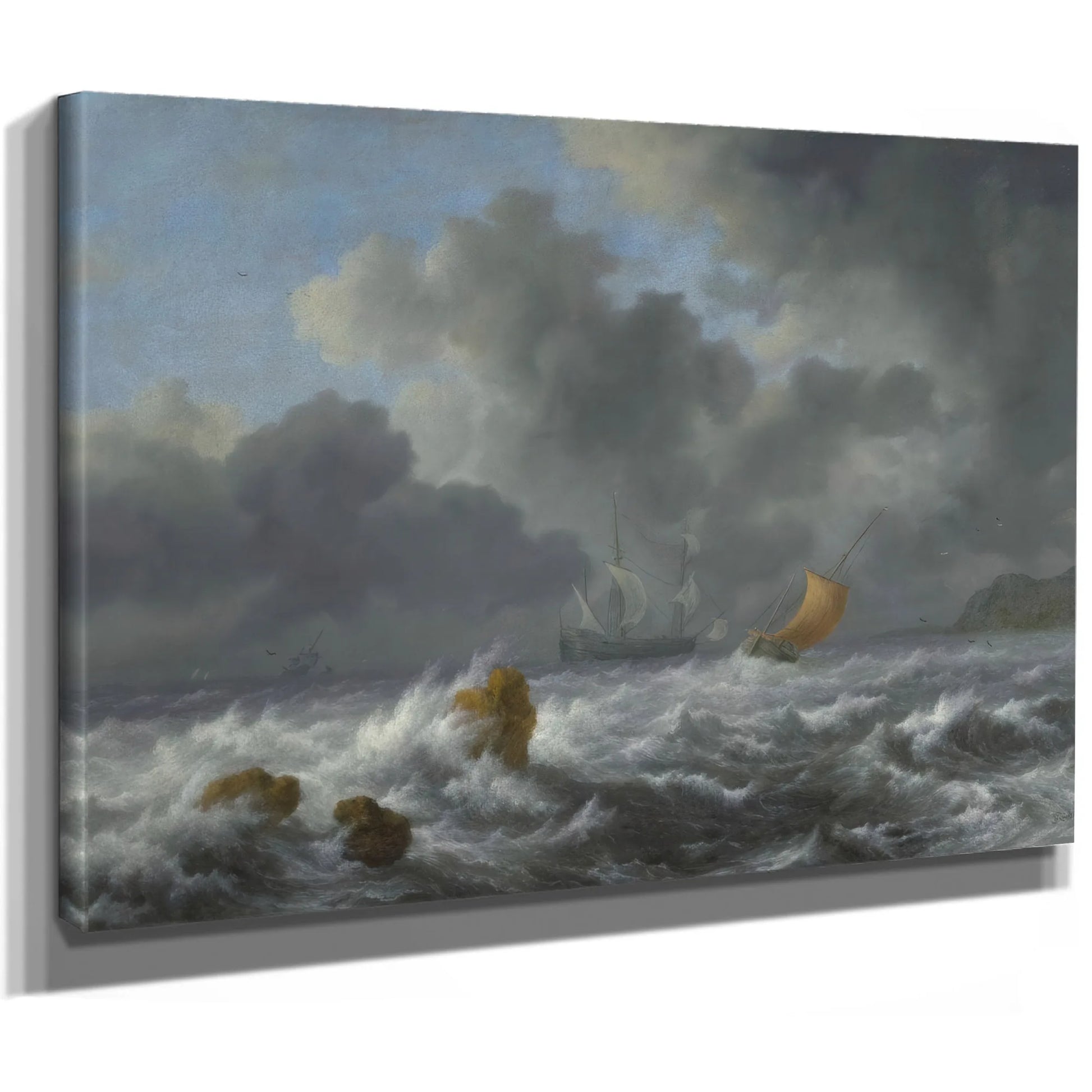 Sailing Vessels In A Stormy Sea Near A Rocky Coast By Jacob Van Ruisdael Fine Art Print