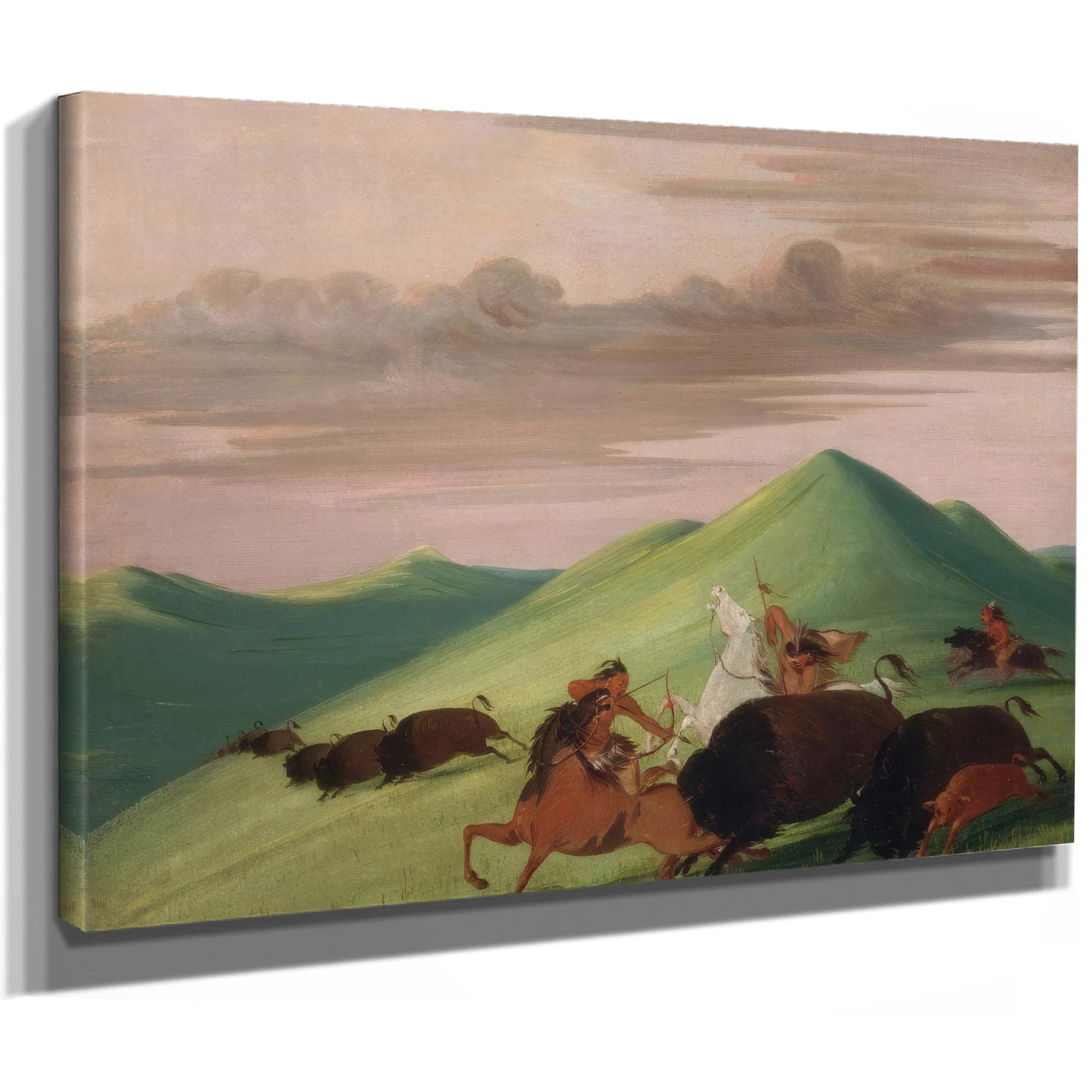 Buffalo Chase, Bull Protecting A Cow And Calf By George Catlin Fine Art Print