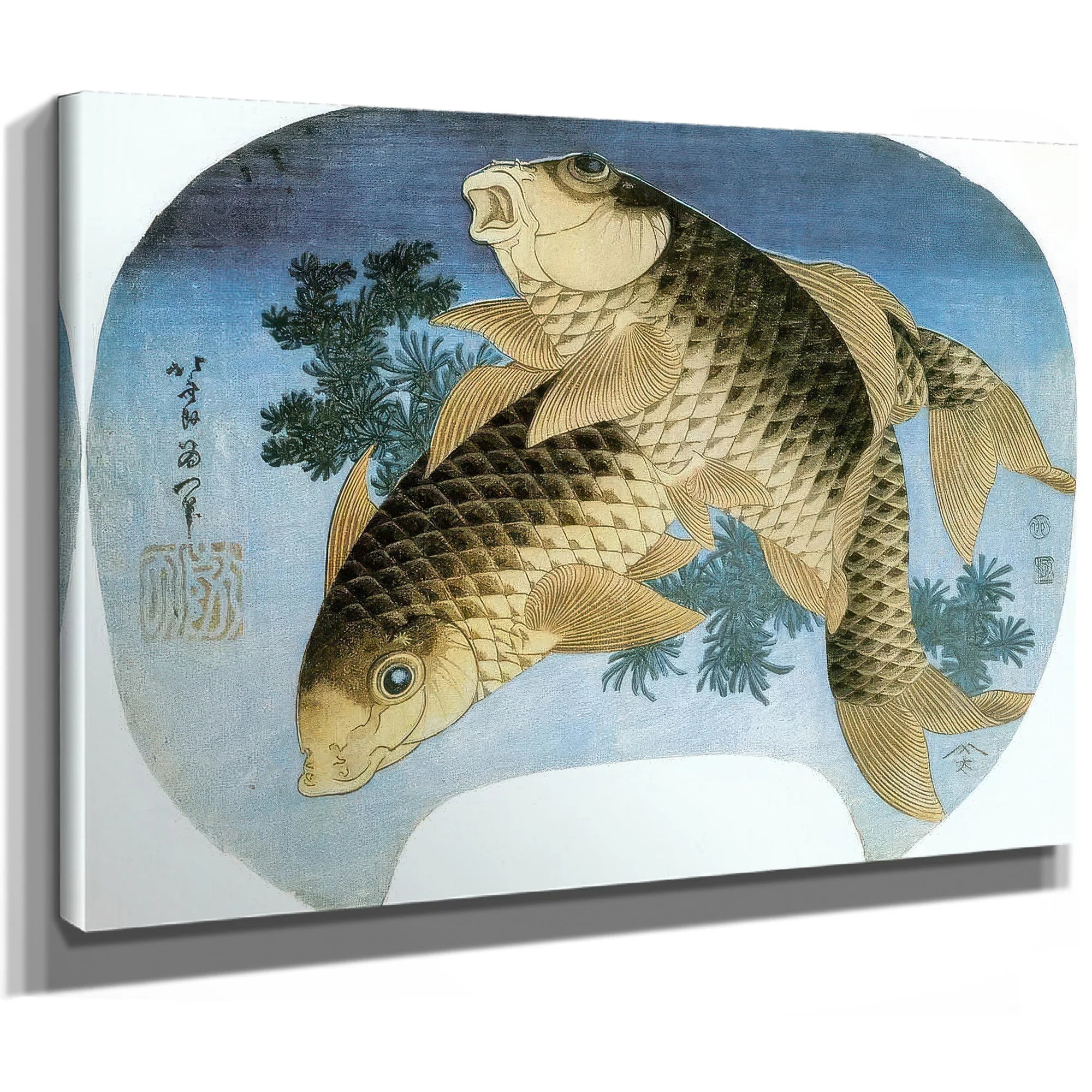 Two Carp Among Waterweeds By Hokusai Fine Art Print