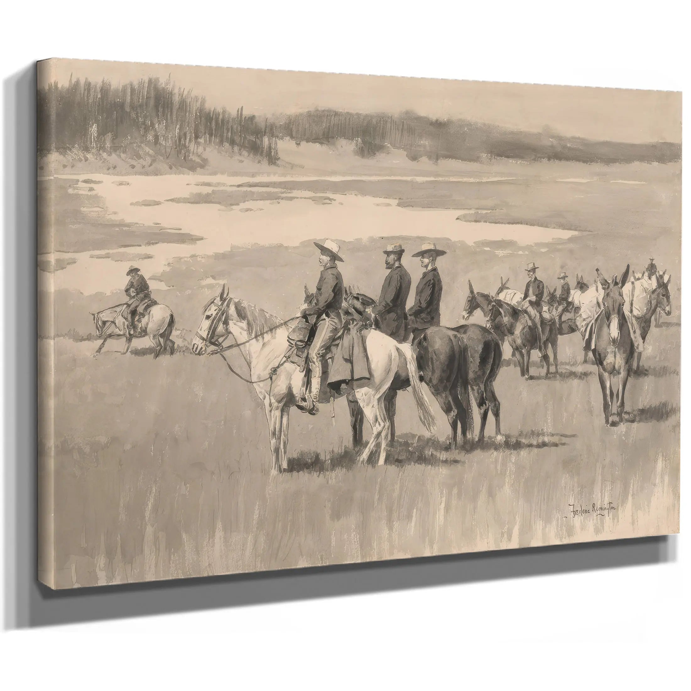 On The Headwatersburgess Finding A Ford Ca  by Frederic Remington