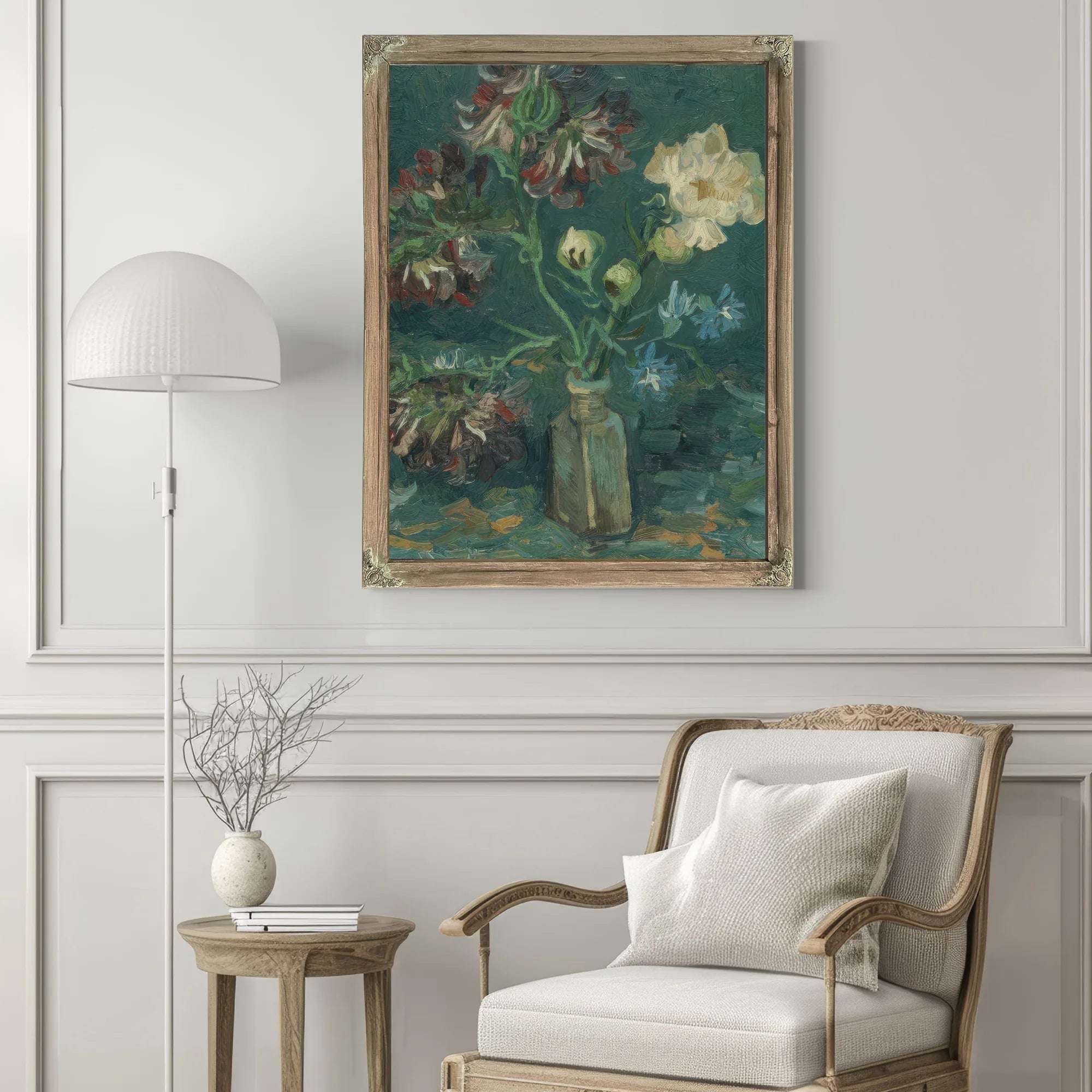 Small Bottle With Peonies And Blue Delphiniums By Vincent Van Gogh Fine Art Print