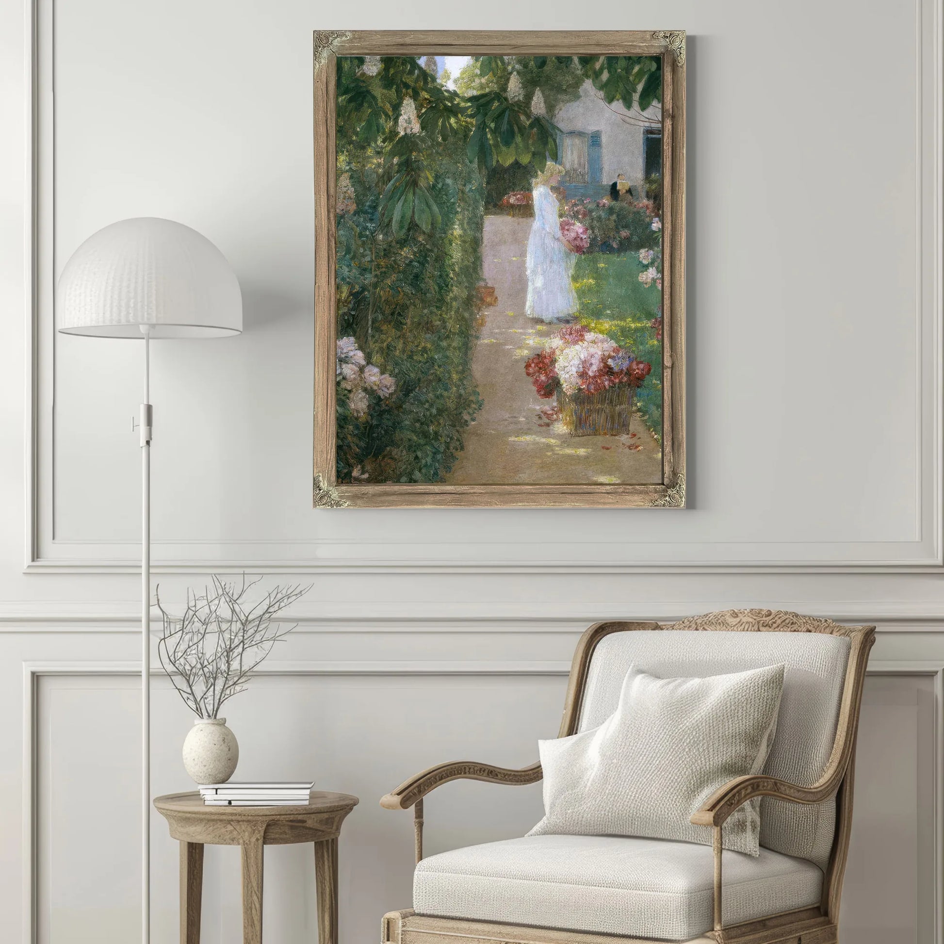 Gathering Flowers In A French Garden By Childe Hassam Fine Art Print